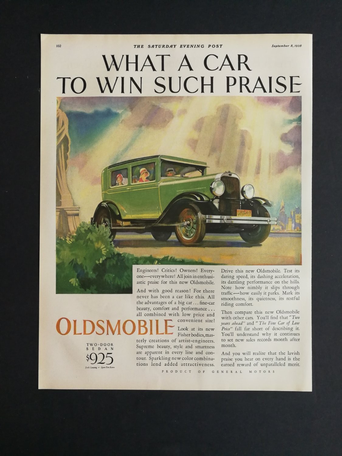 1928 Oldsmobile Two-Door Sedan Vintage Car Print Magazine Advertisement Ad