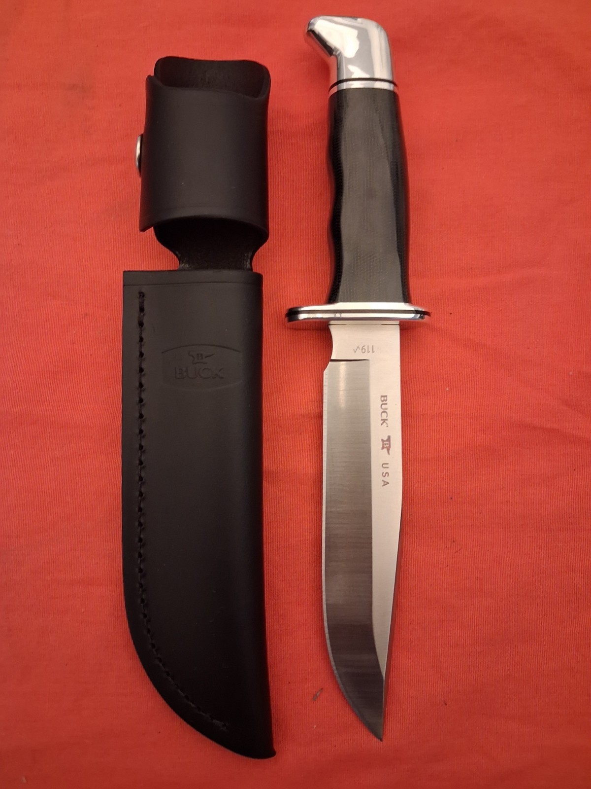 Buck 119 in Magnacut,  2023 stealth run Black Micarta Handle Clip Point Blade 