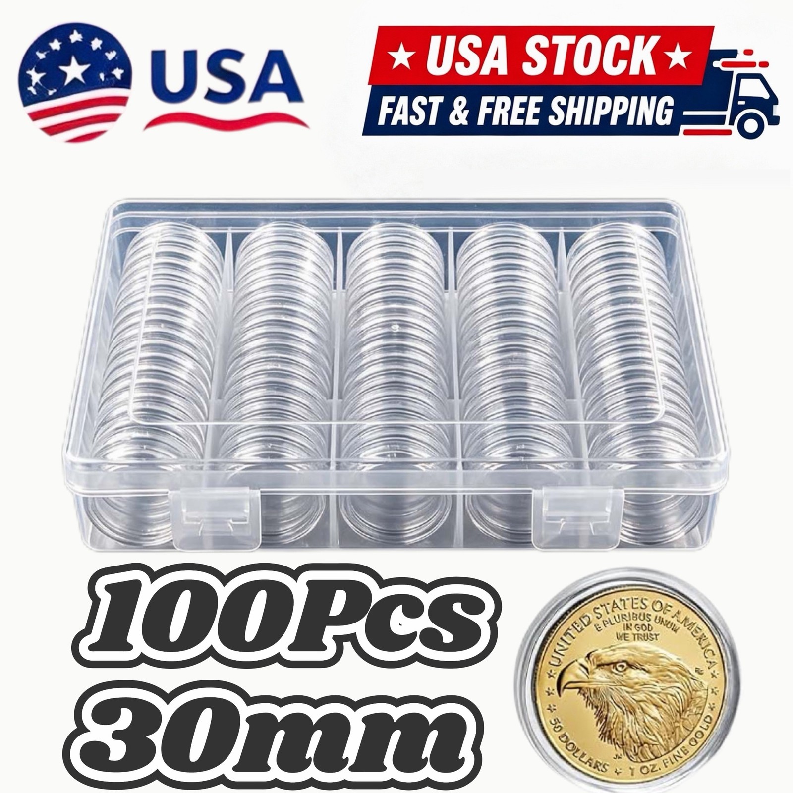 100Pcs 30mm Coin Holder Clear Coins Case Capsules Holder Storage Box
