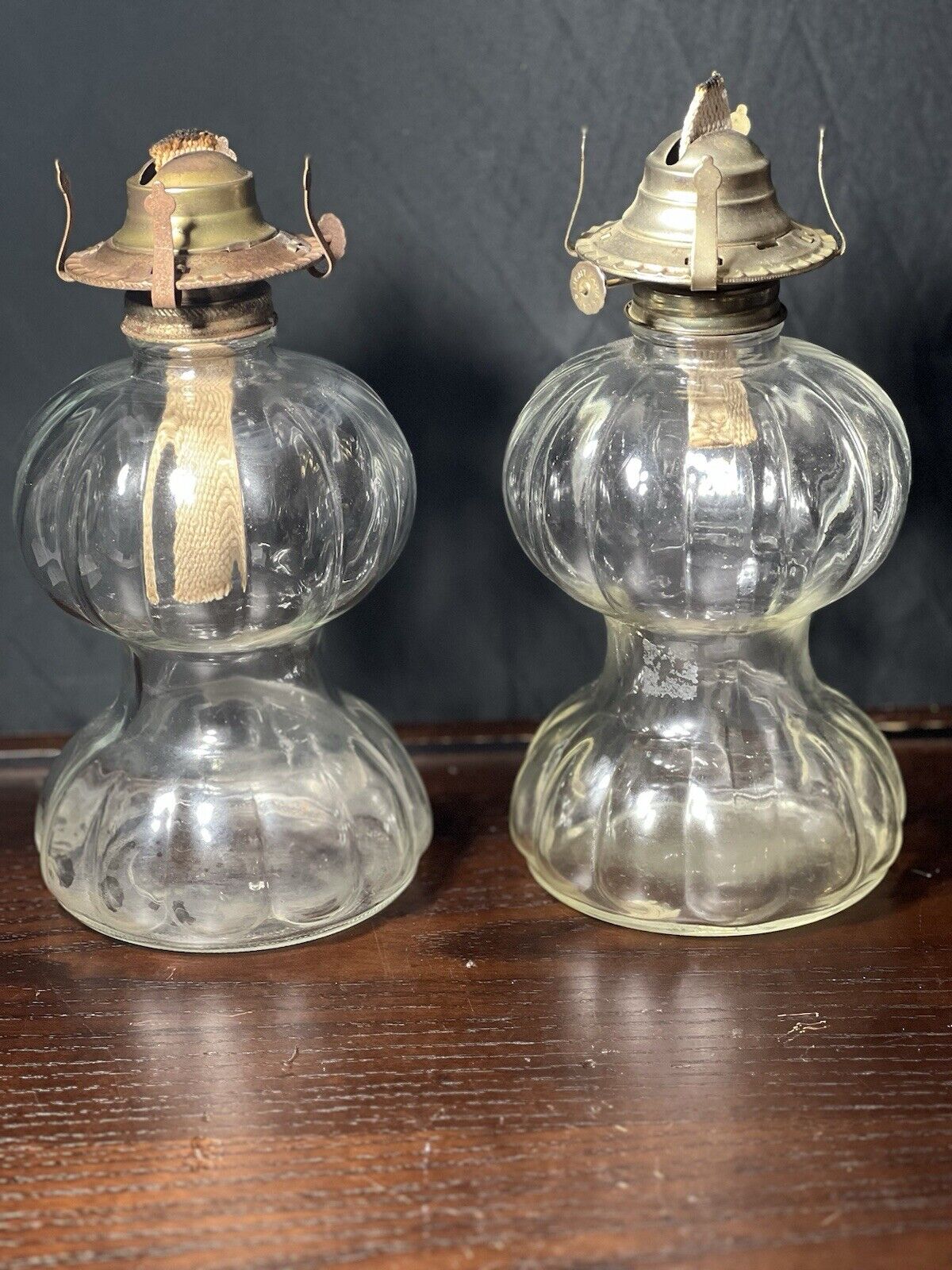 (2) Vintage Oil Lamp clear Glass Double Pumpkin Shape