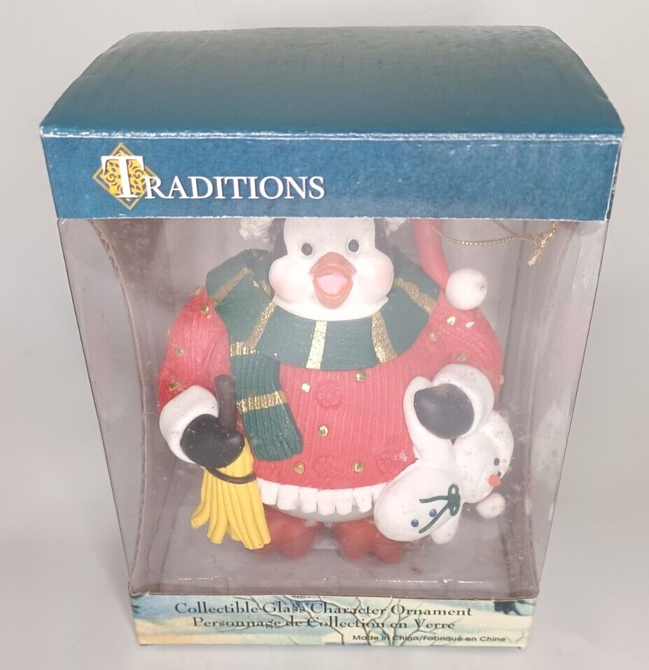 Traditions Santa Penguin Holding Snow Man Collectable Glass Ornament 