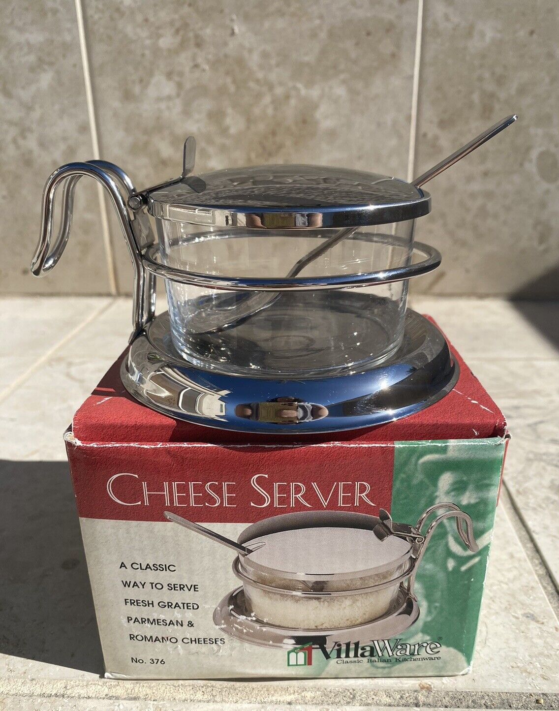 VillaWare Parmesan Server w/Spoon Bowl Condiment Stainless Steel Glass Toleware
