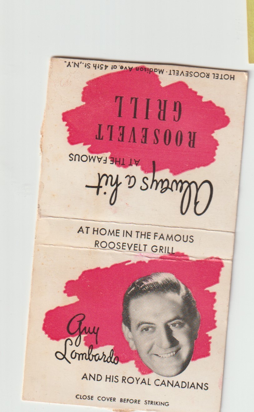 1950s Guy Lombardo Roosevelt Grill NYC Unstruck Matchbook Match Cover
