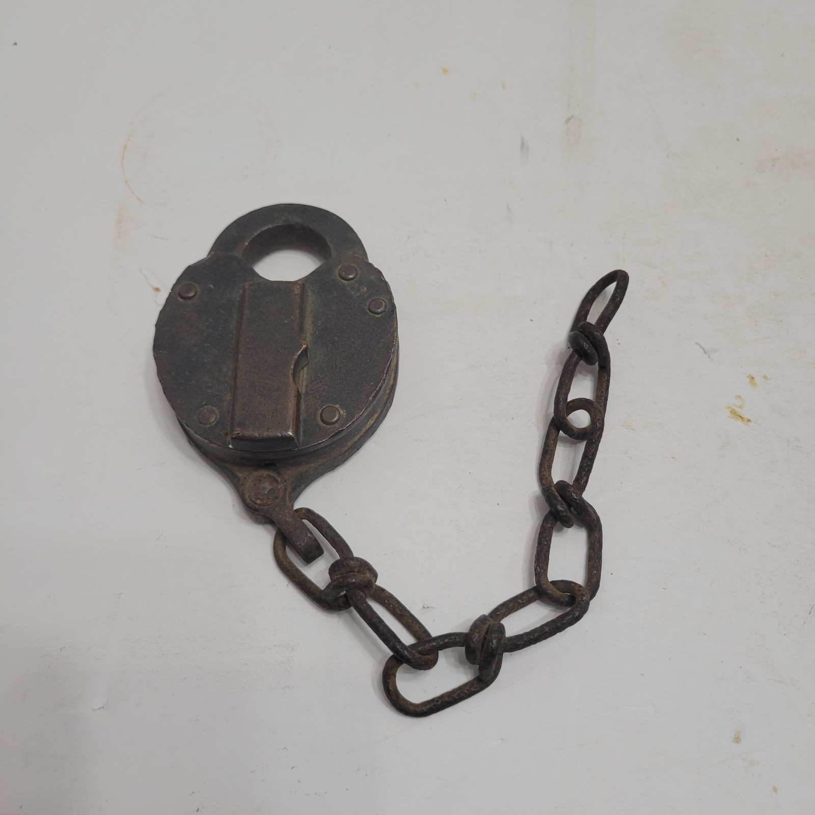 Antique Frain Slaymaker 1927 Heart-Shaped Brass Padlock Dust Cover Chain No Key 