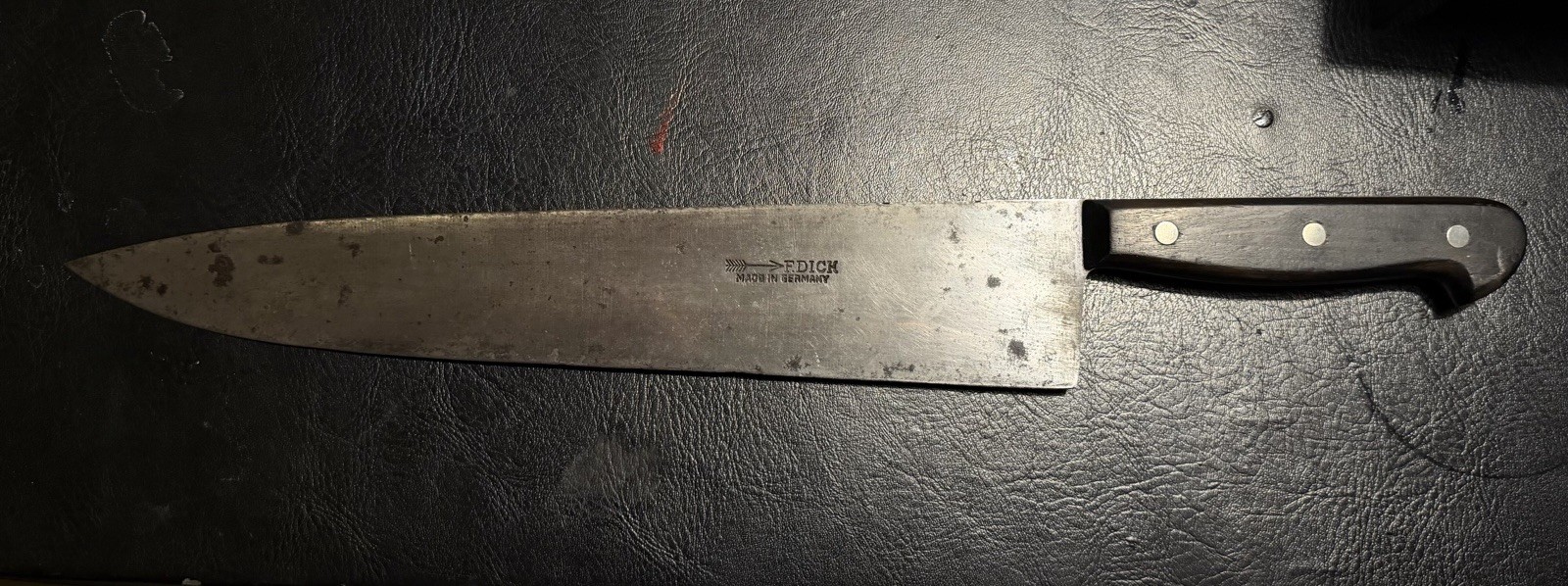 Vintage F.Dick 12” Carbon Steel Chef Knife - Rare Rosewood Handle 352g Full Mass