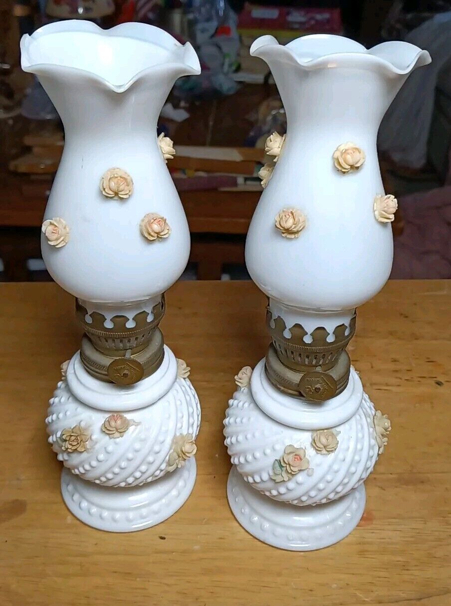 Set of 2-Vintage Milk Glass Oil Lamp w/ pink rose detail 8 Inches Tall.