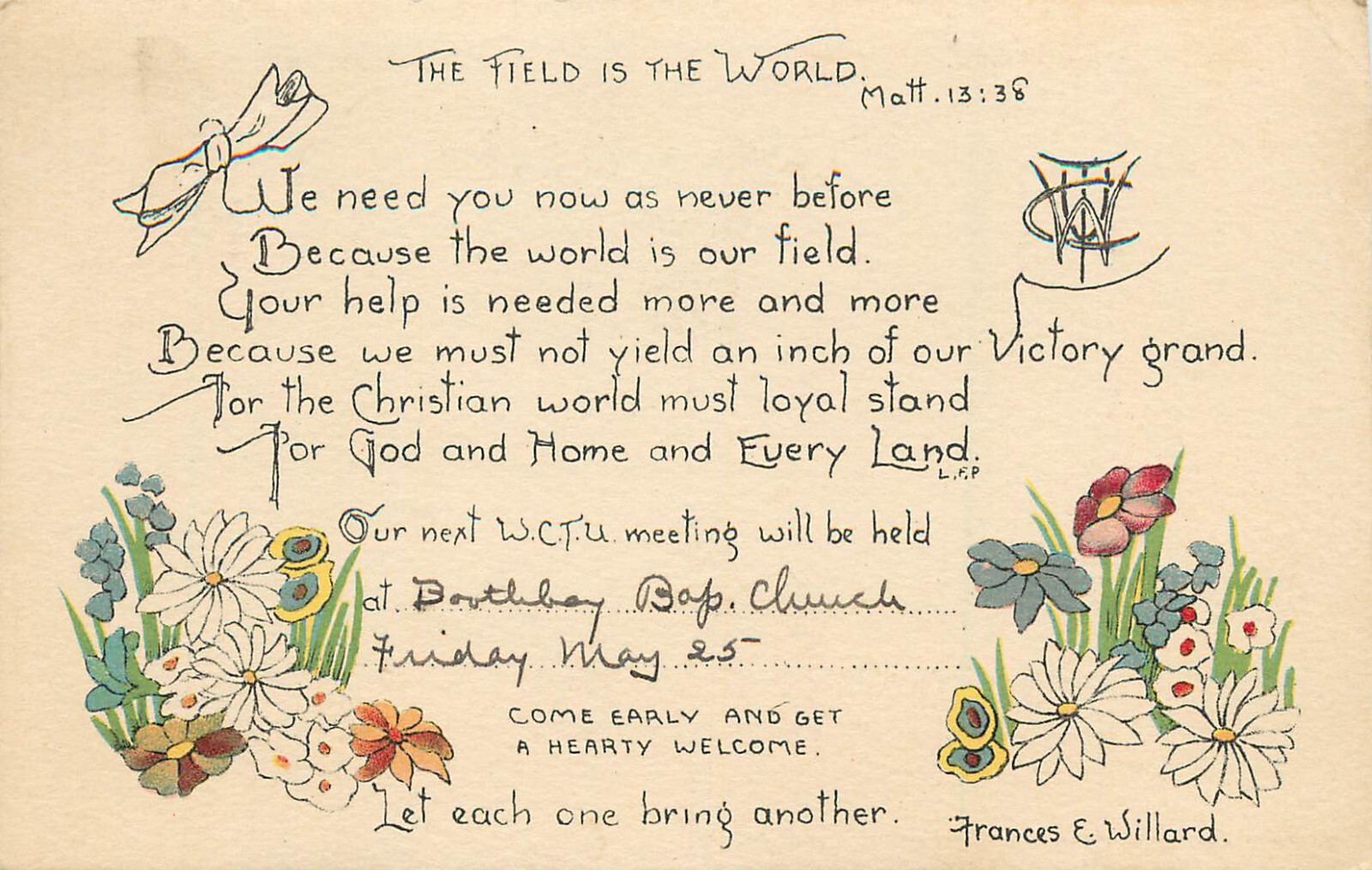 W.C.T.U. Postcard Frances Willard Christian Temperance Union Matthew 13:38