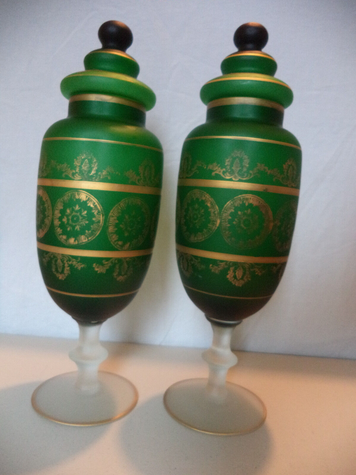 Pair BOHEMIAN Czech Moser Green Satin Glass Gold Gilt Apothecary Candy Jar Urns