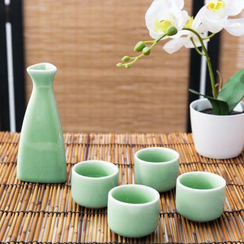 Turquoise Ceramic Hot Sake Set with Tokkuri Bottle Carafe and 4 Ochoko Cups