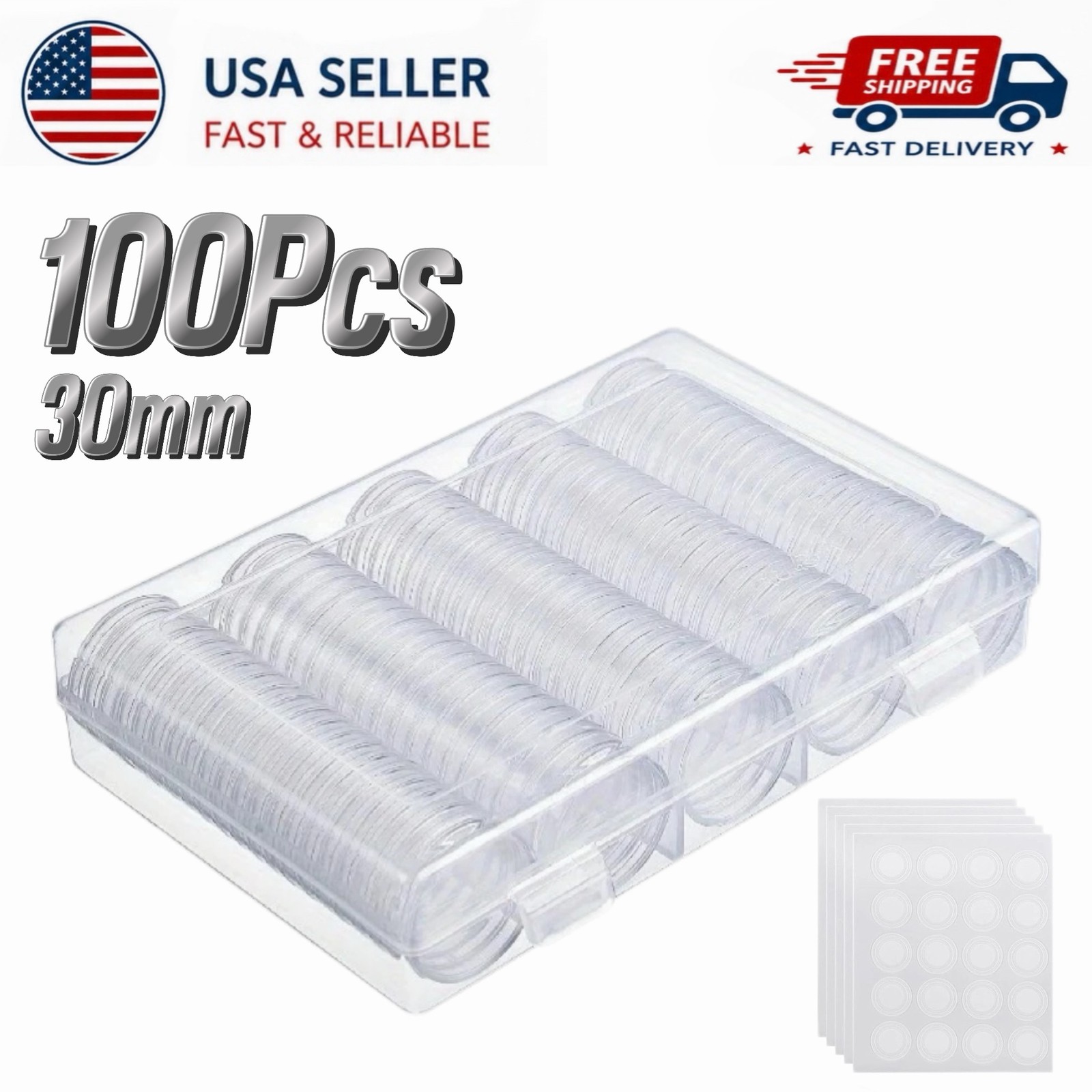 100PCS 30MM Clear Round Coin Capsules Plastic Coin Holders&White Gaskets&Box