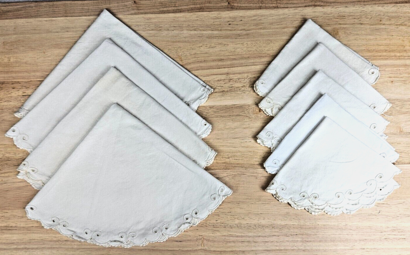 Set of 9 ROUND LINEN TABLE TOPPERS: Hand Embroidered Whitework w/ Scalloped edge