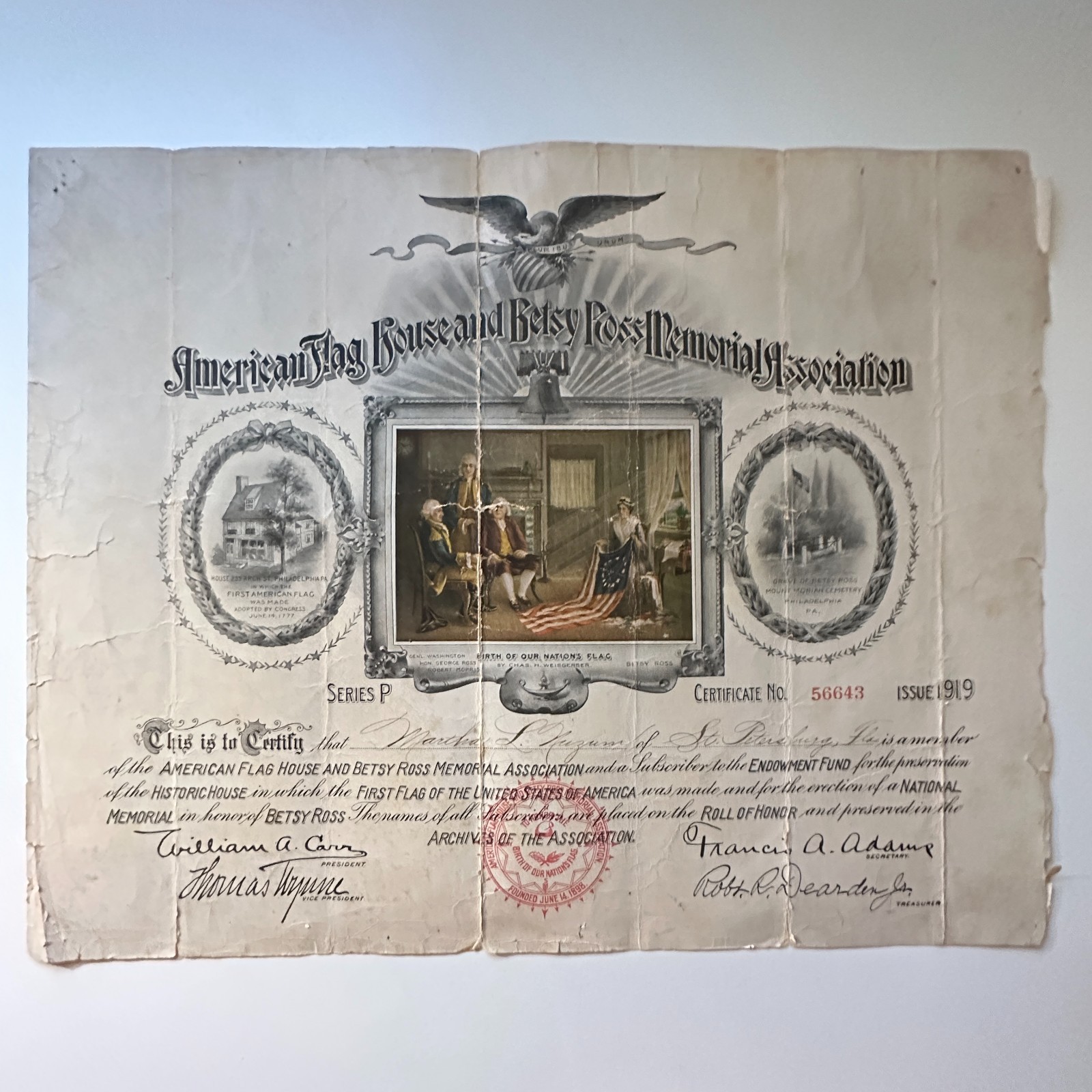 American Flag House & Betsy Ross Memorial Association Vintage Certificate 5A4