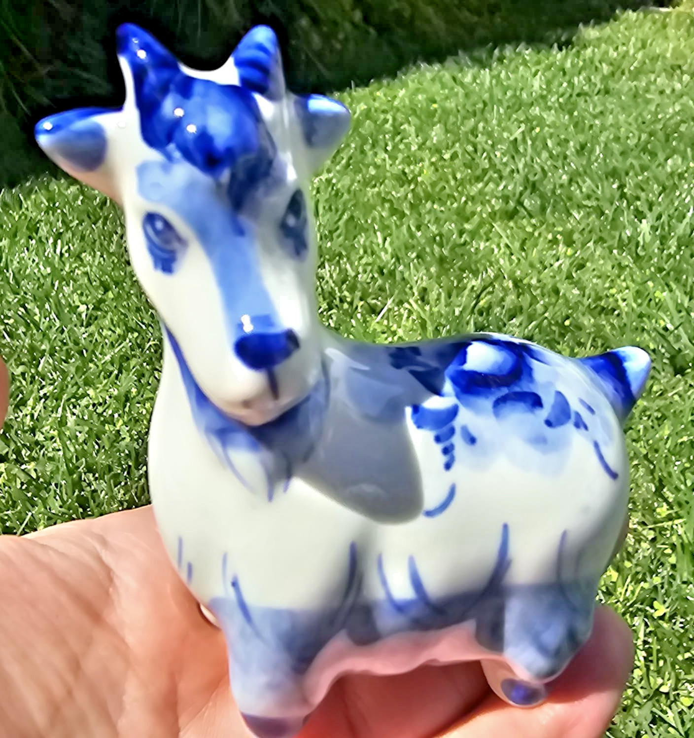 Gzhel Russian Porcelain Goat Figurine Hand-Painted Blue & White Stamped 
