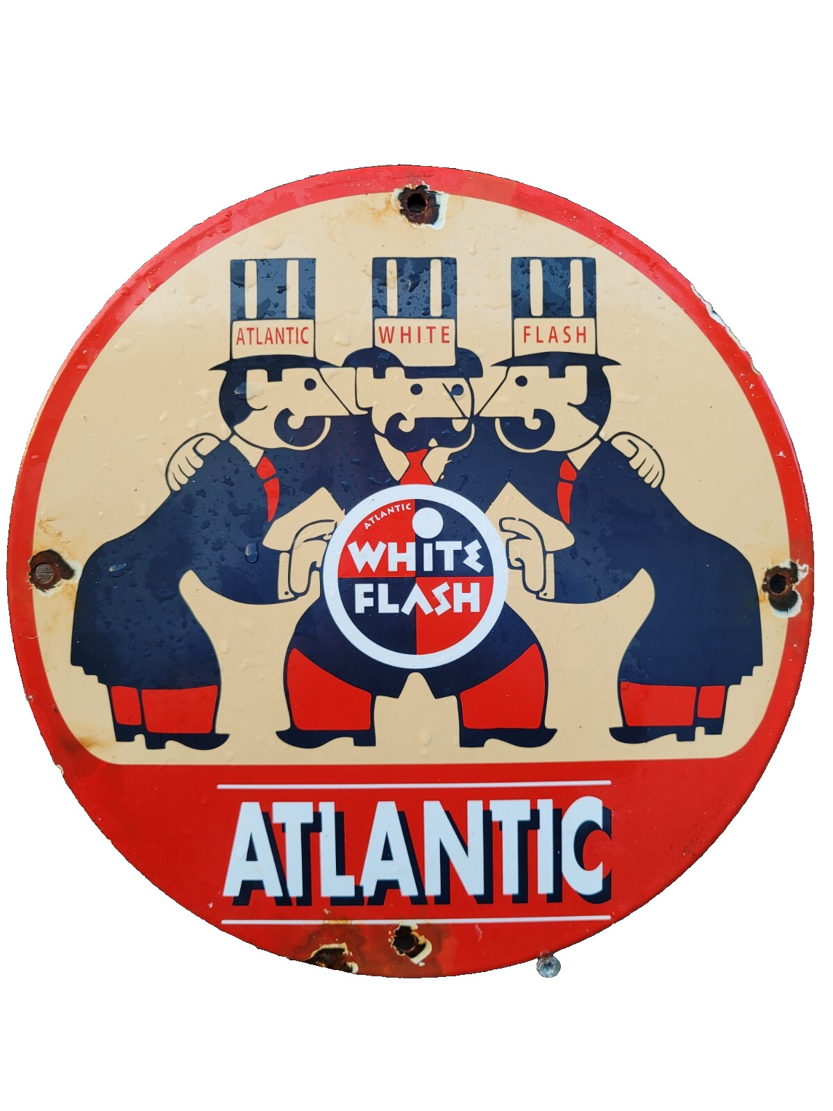 VINTAGE ATLANTIC OIL PORCELAIN SIGN OLD WHITE FLASH GAS PUMP PLATE FUEL 12\