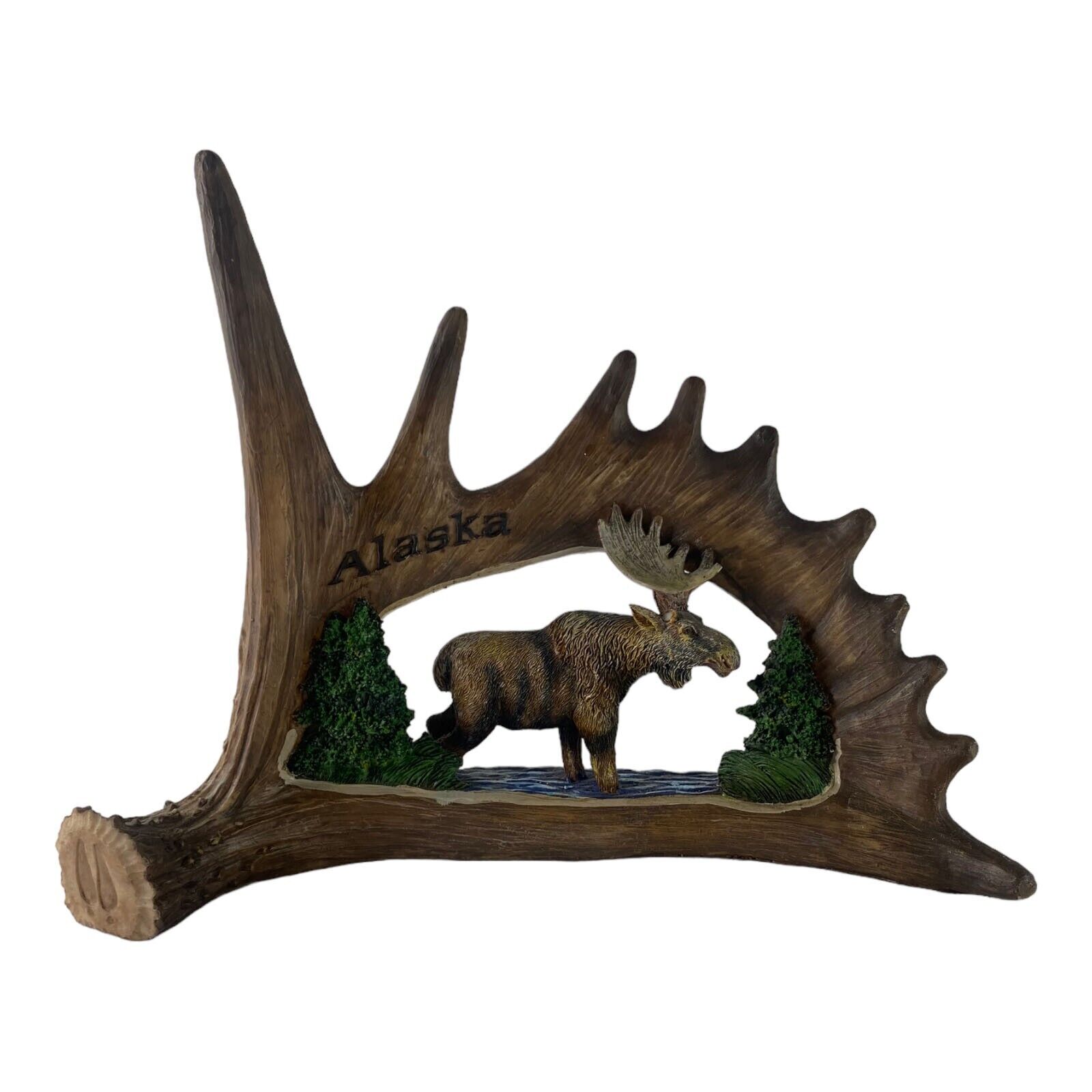 Ace Alaska Real Antler Folk Art Frame Carved Moose Trees Wood Wall Design