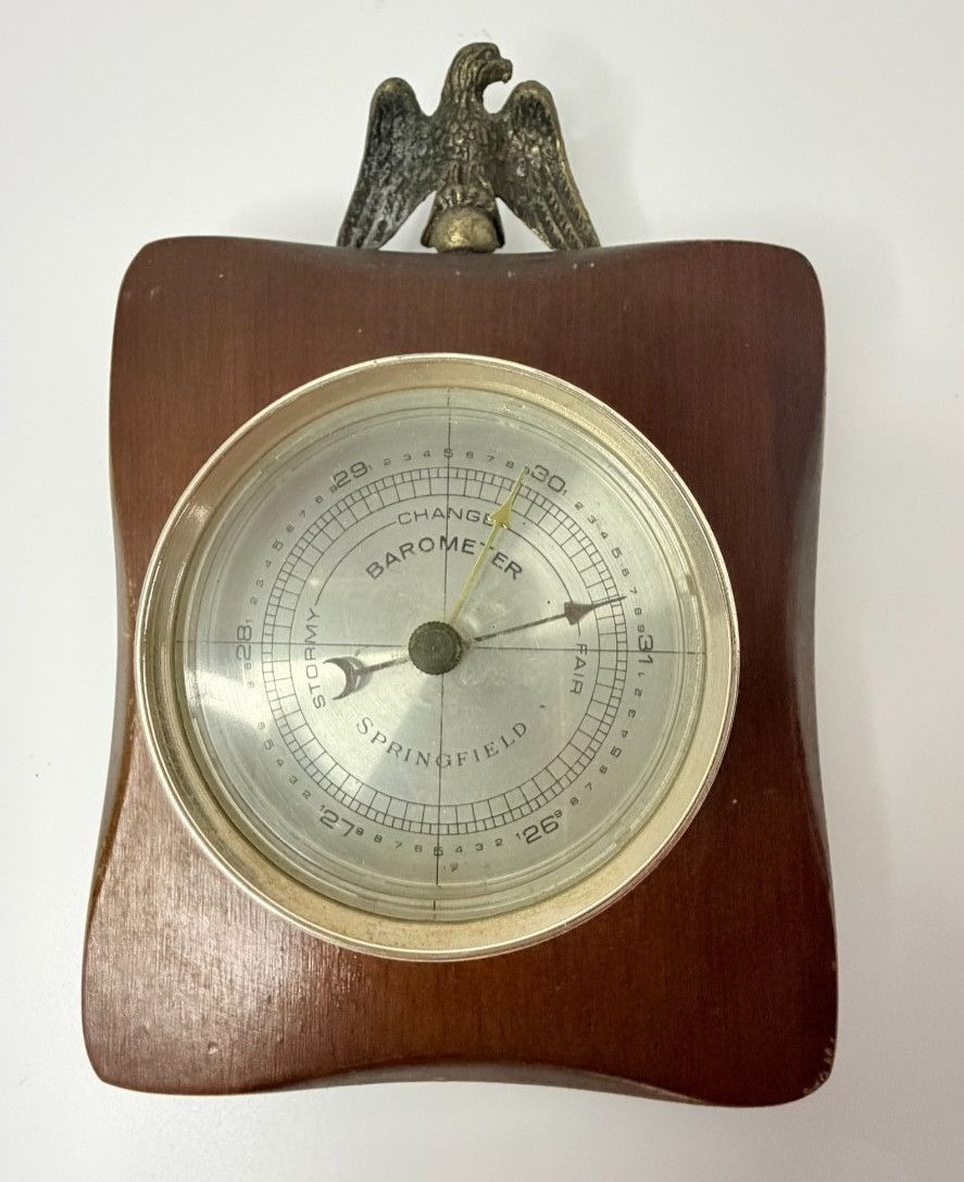 Vintage Springfield Wooden Wall Barometer Brass Eagle Topper Weather Plaque