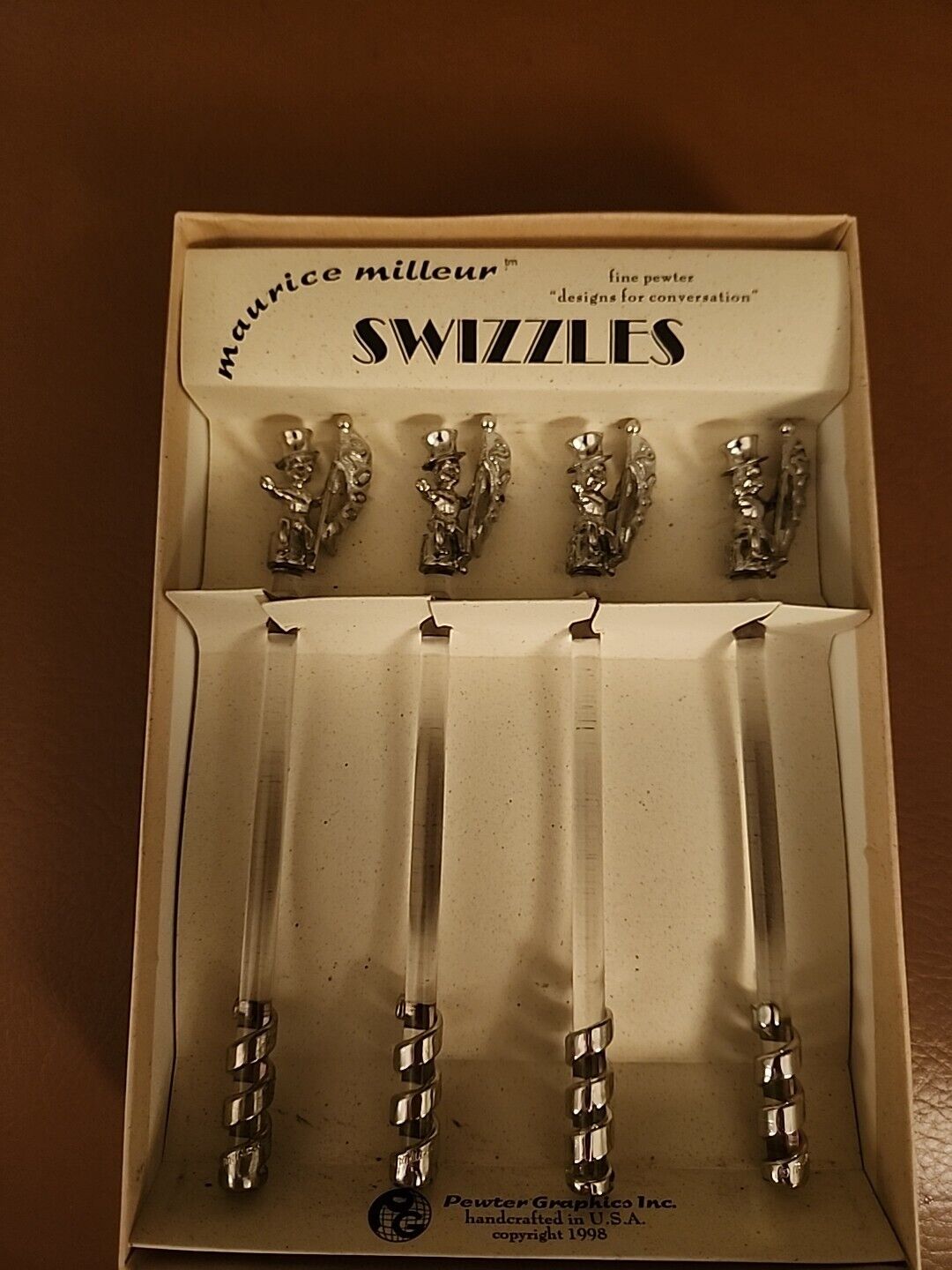 Vintage Maurice Milleur Pewter/ Glass Swizzles Sticks 2000 NIB
