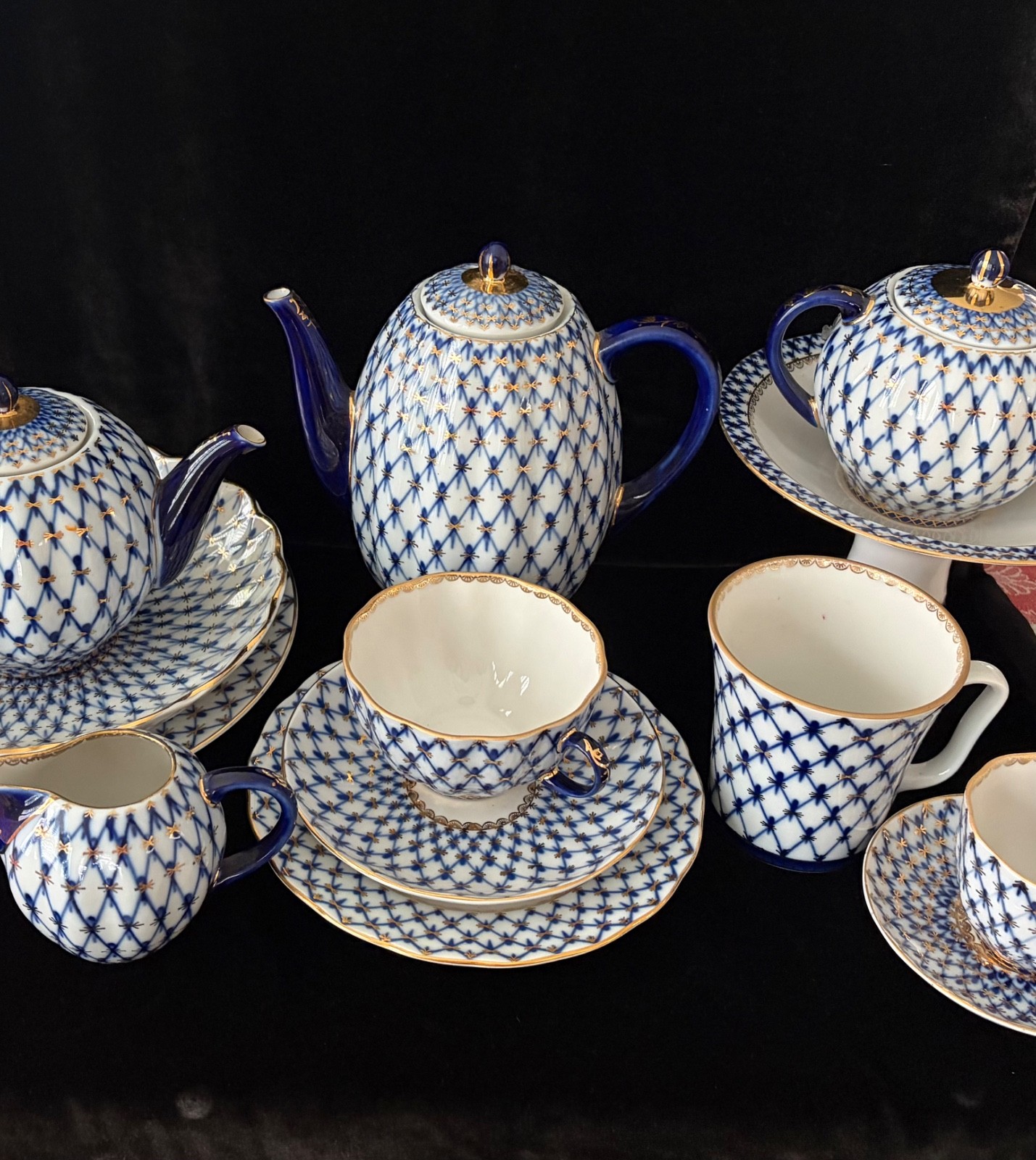 By each: Russian Imperial Lomonosov Cobalt Net Porcelain