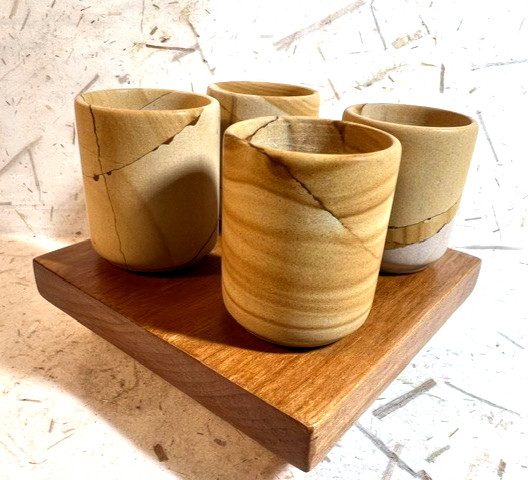 Vintage Japanese Nerikomi clay sake cups, Set/4, handmade Cherry wood stand, Exc