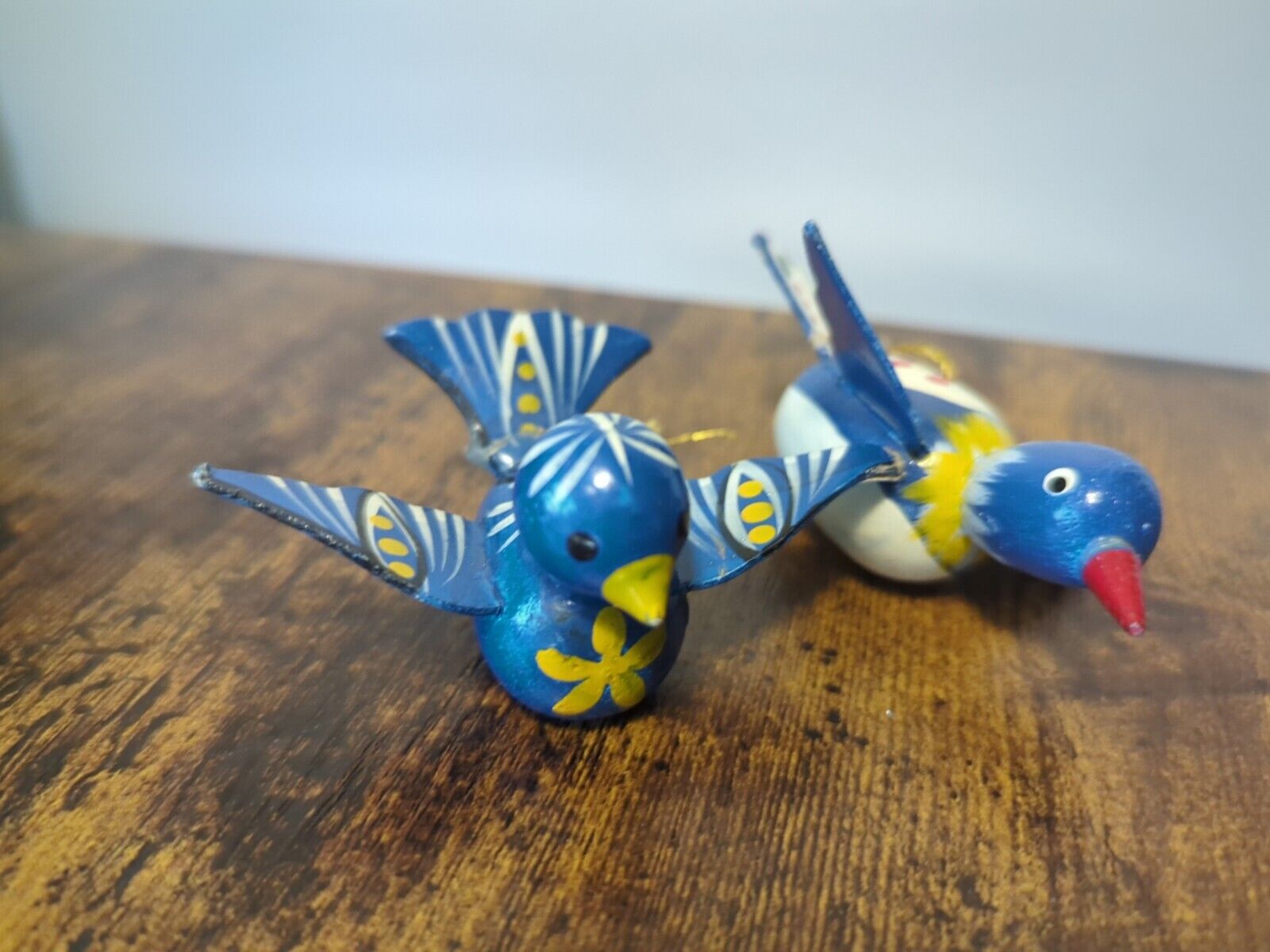 2 Vintage Brinn's Handcrafted Wooden Ornaments Blue Birds  3.5”