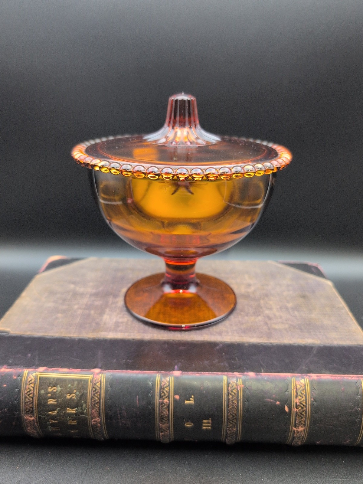 Vintage Indiana Glass Amber Beaded Edge Pedestal Compote Candy Dish w/Lid