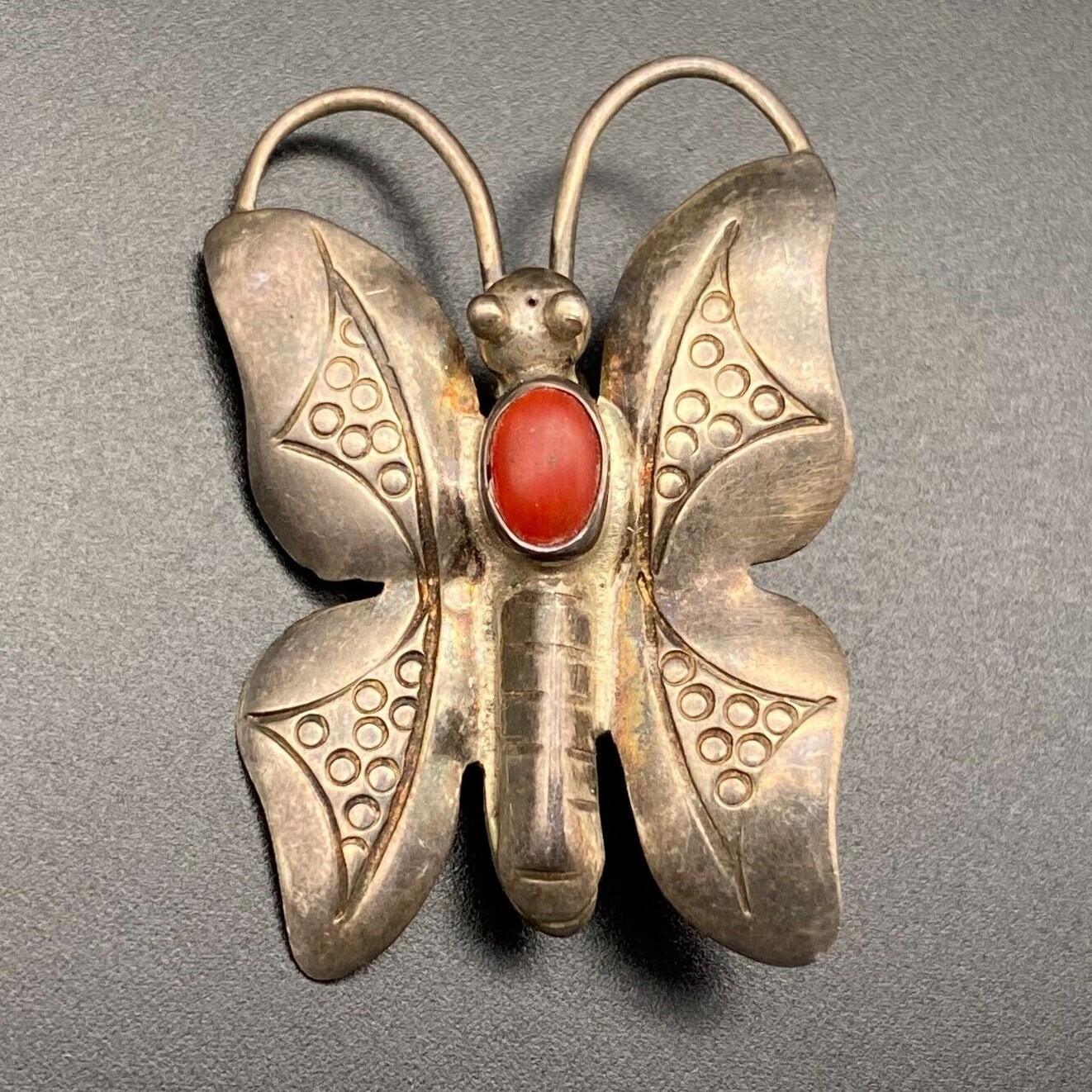 Vintage Navajo Dave Pino Butterfly Coral Stampwork Sterling Silver Brooch Pin