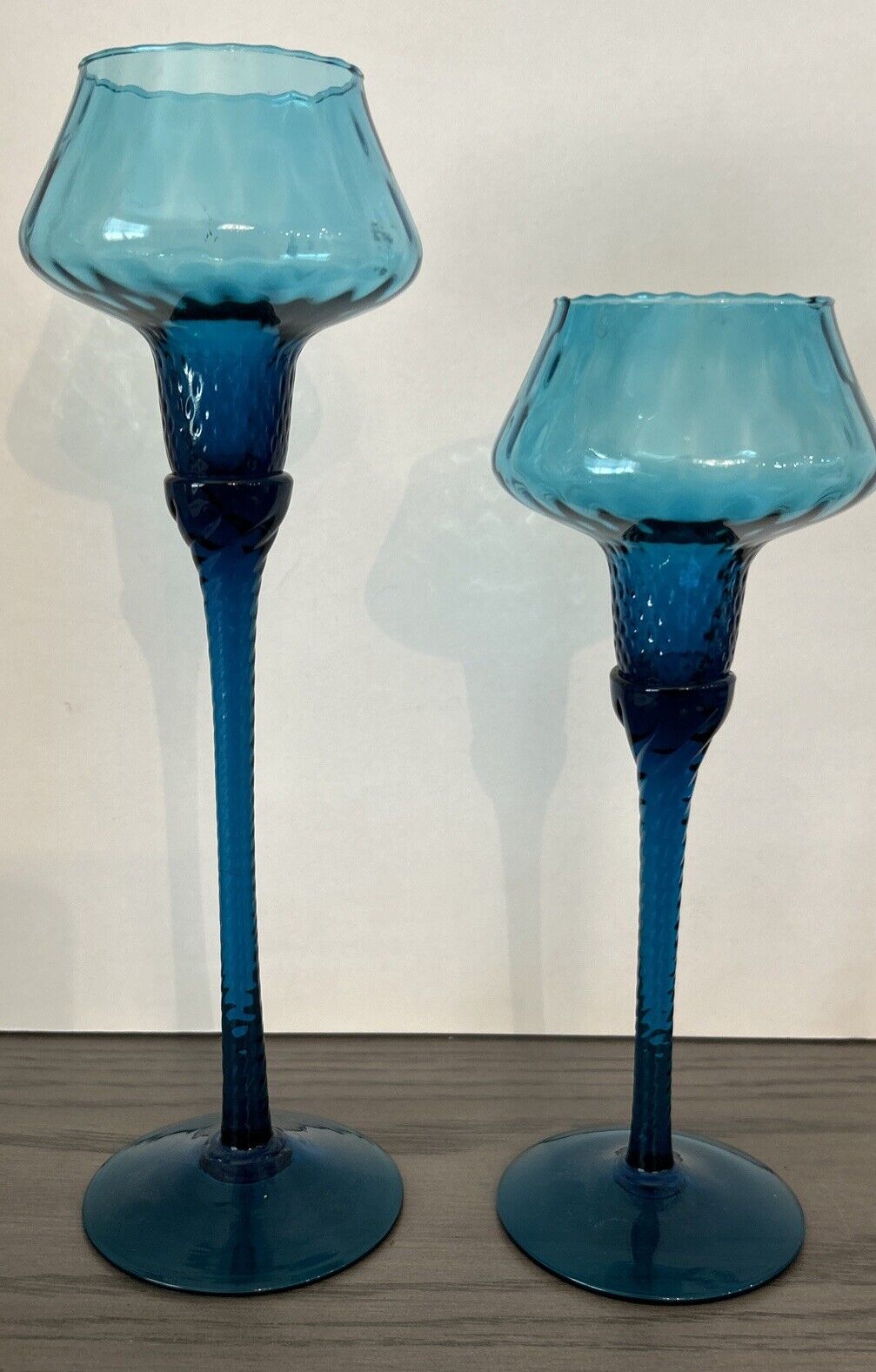 2 Gorgeous Blue Art Glass Candlesticks Amazing Details Empoli???