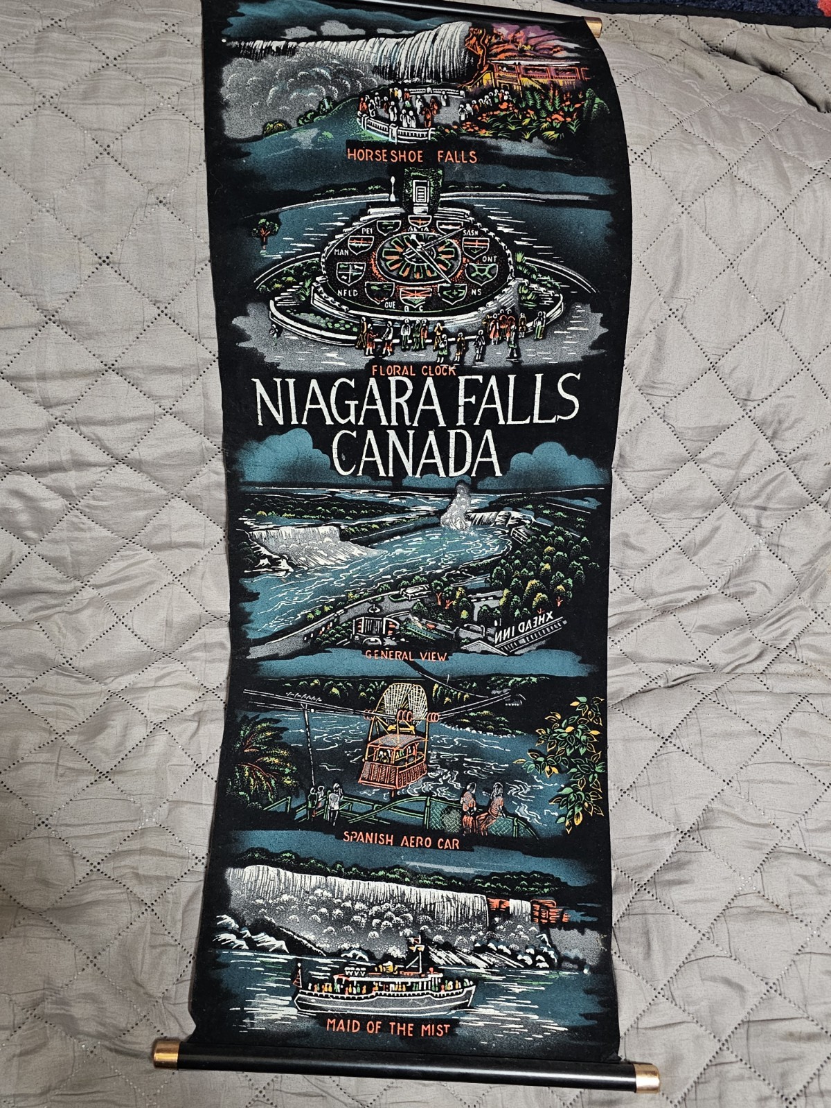 Vintage Niagara Falls Canada Souvenir Velvet Painted Wall Hanging Art