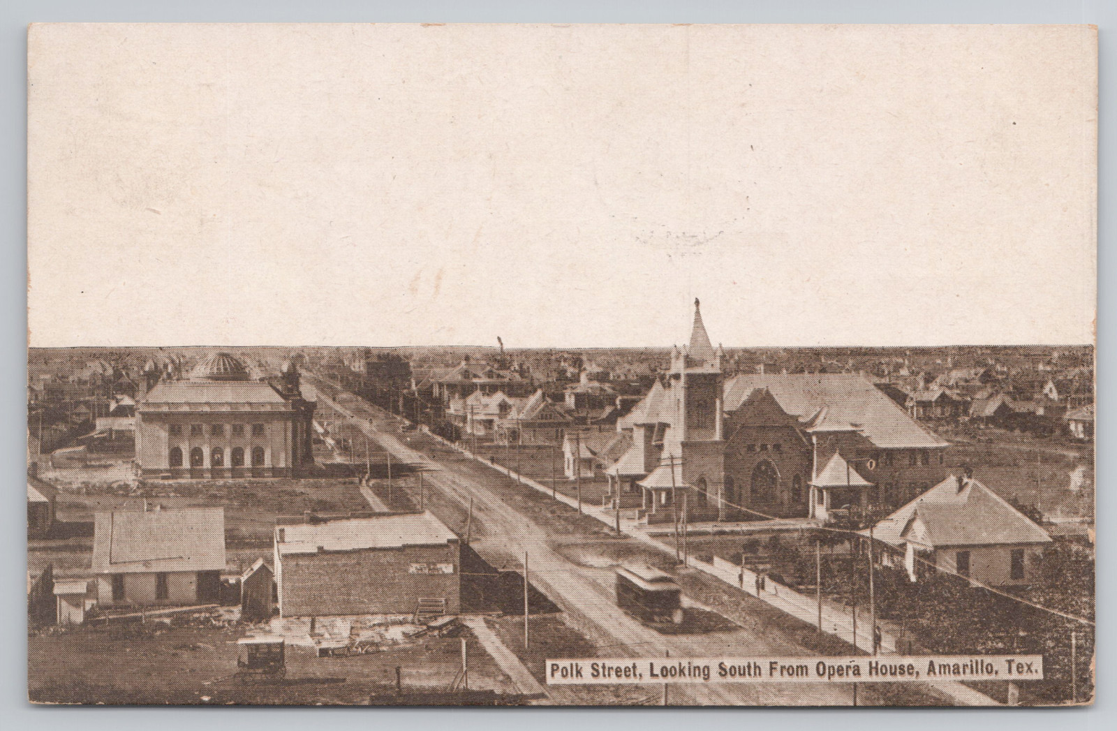 Amarillo TX Polk Street, Looking From Opera House Texas Postcard Church PM 1909