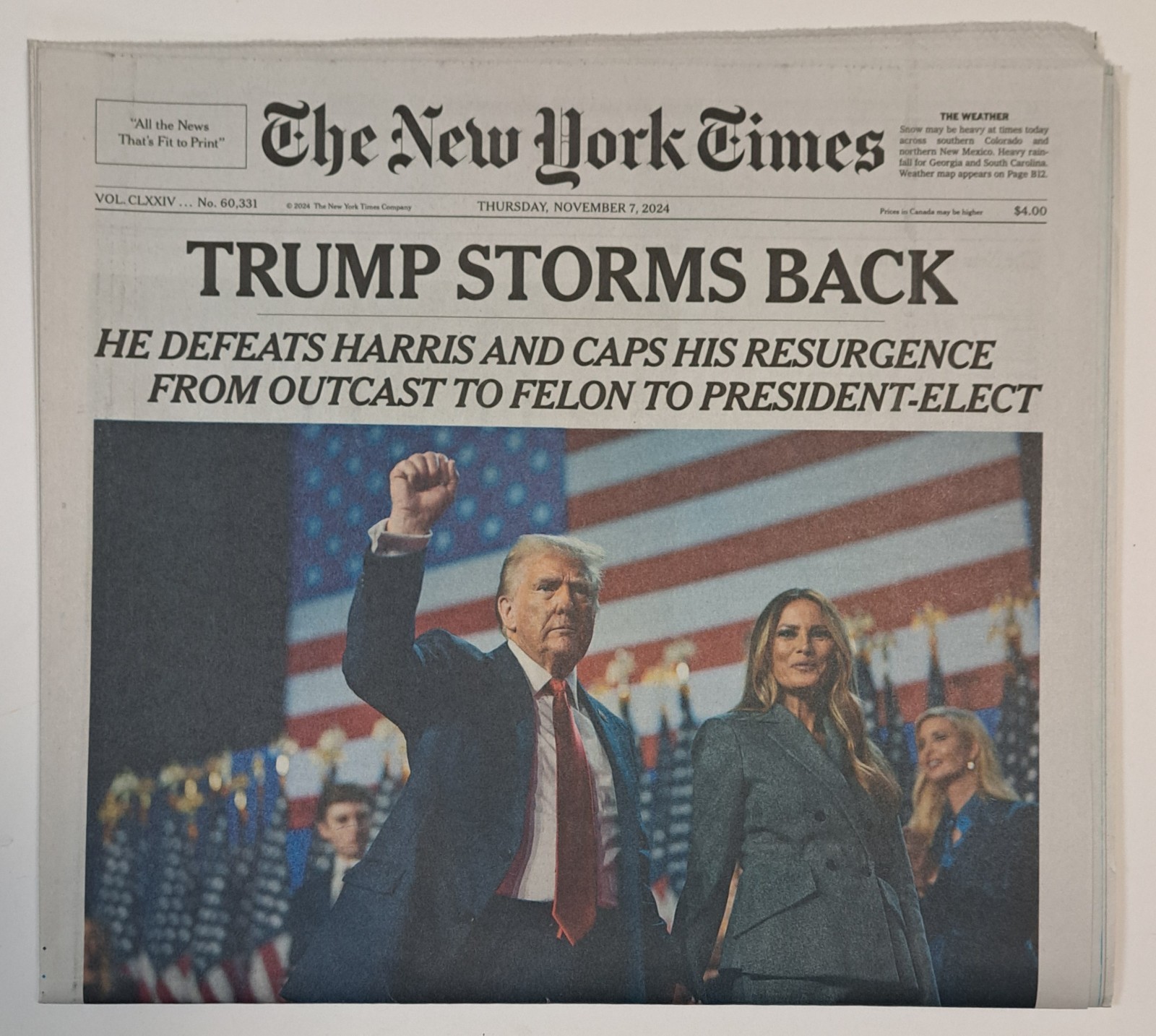 The New York Times TRUMP STORMS BACK November 7 2024 Historic Second Term Win