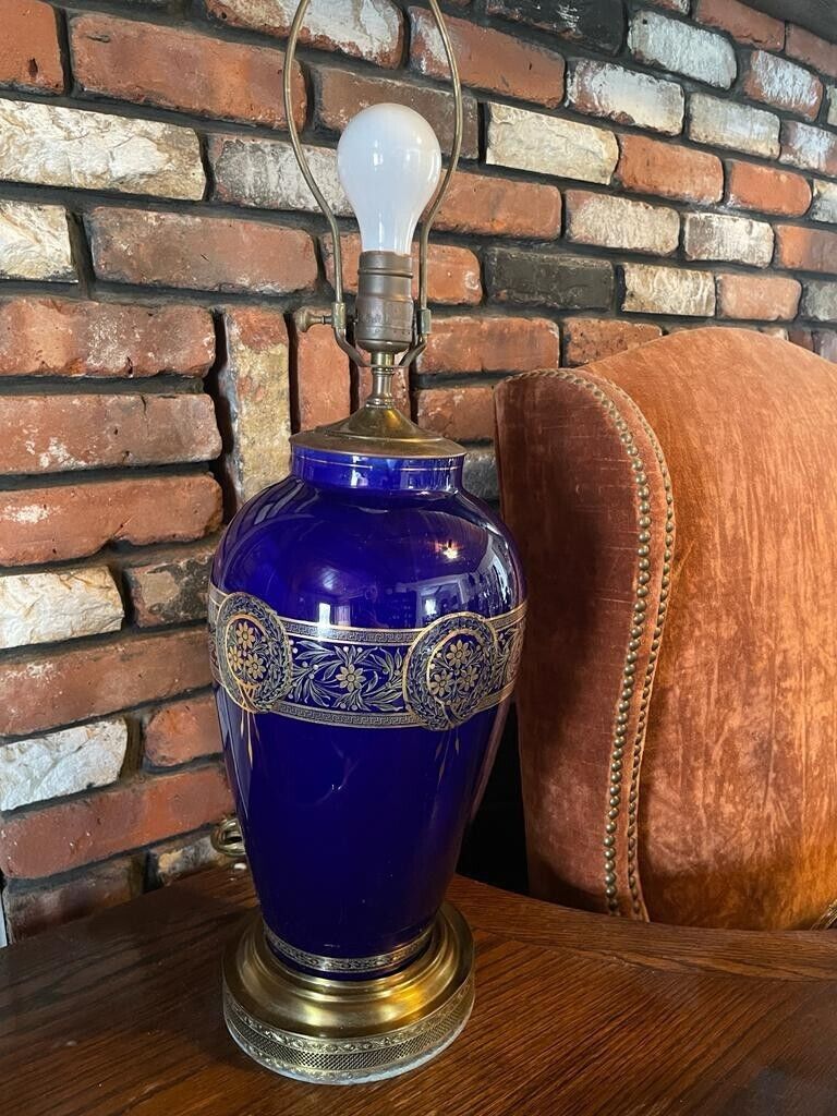 Antique Large Single Cobalt Blue Gold Porcelain Lamp