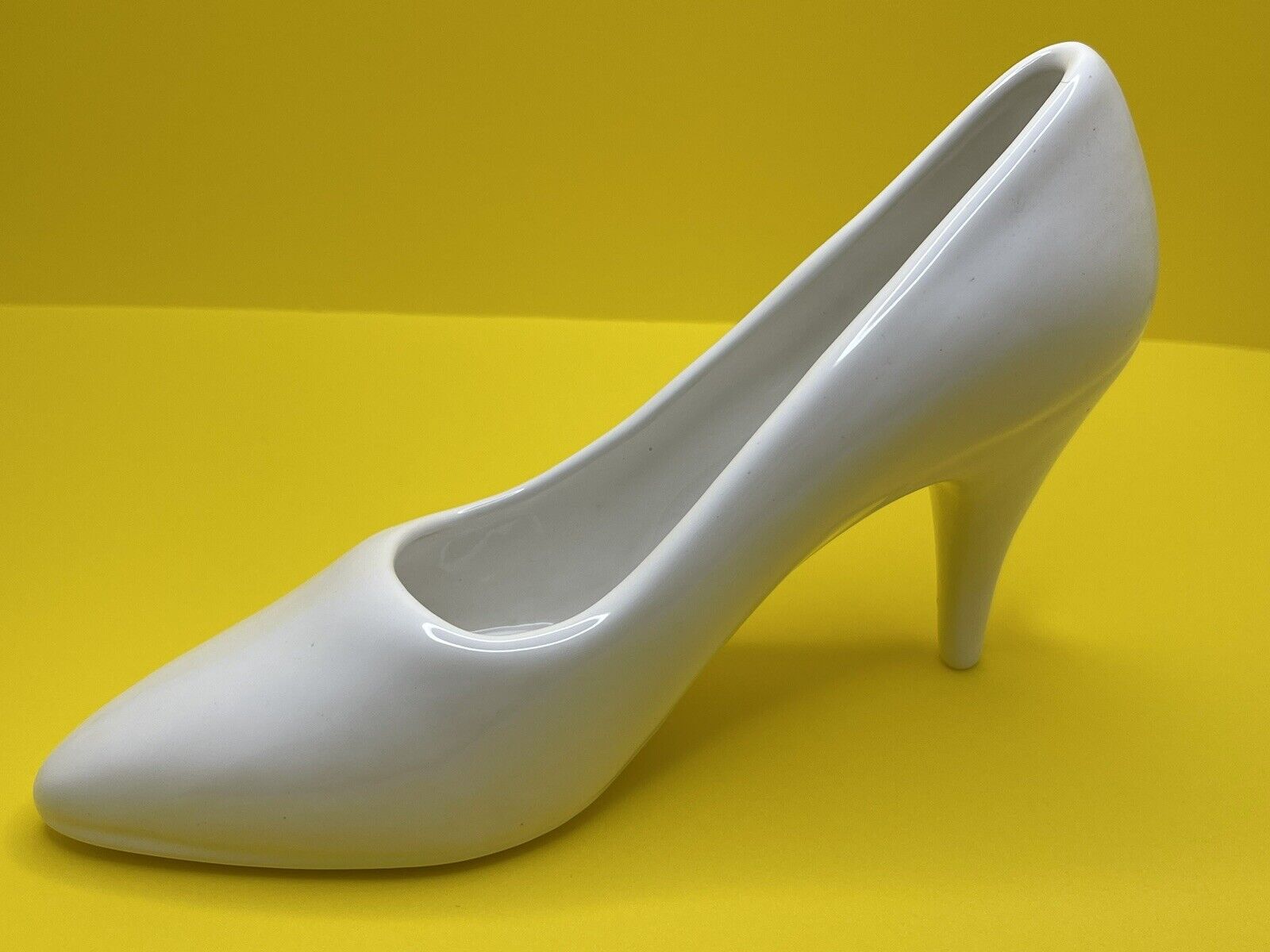 Vintage Ceramic White High Heel Shoe Planter Decor Glossy Finish Realistic