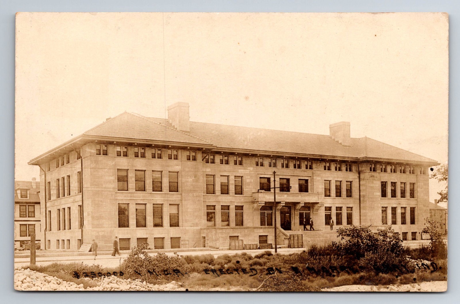 Large Building, Men Walking, Real Photo, RPPC, Vintage Postcard