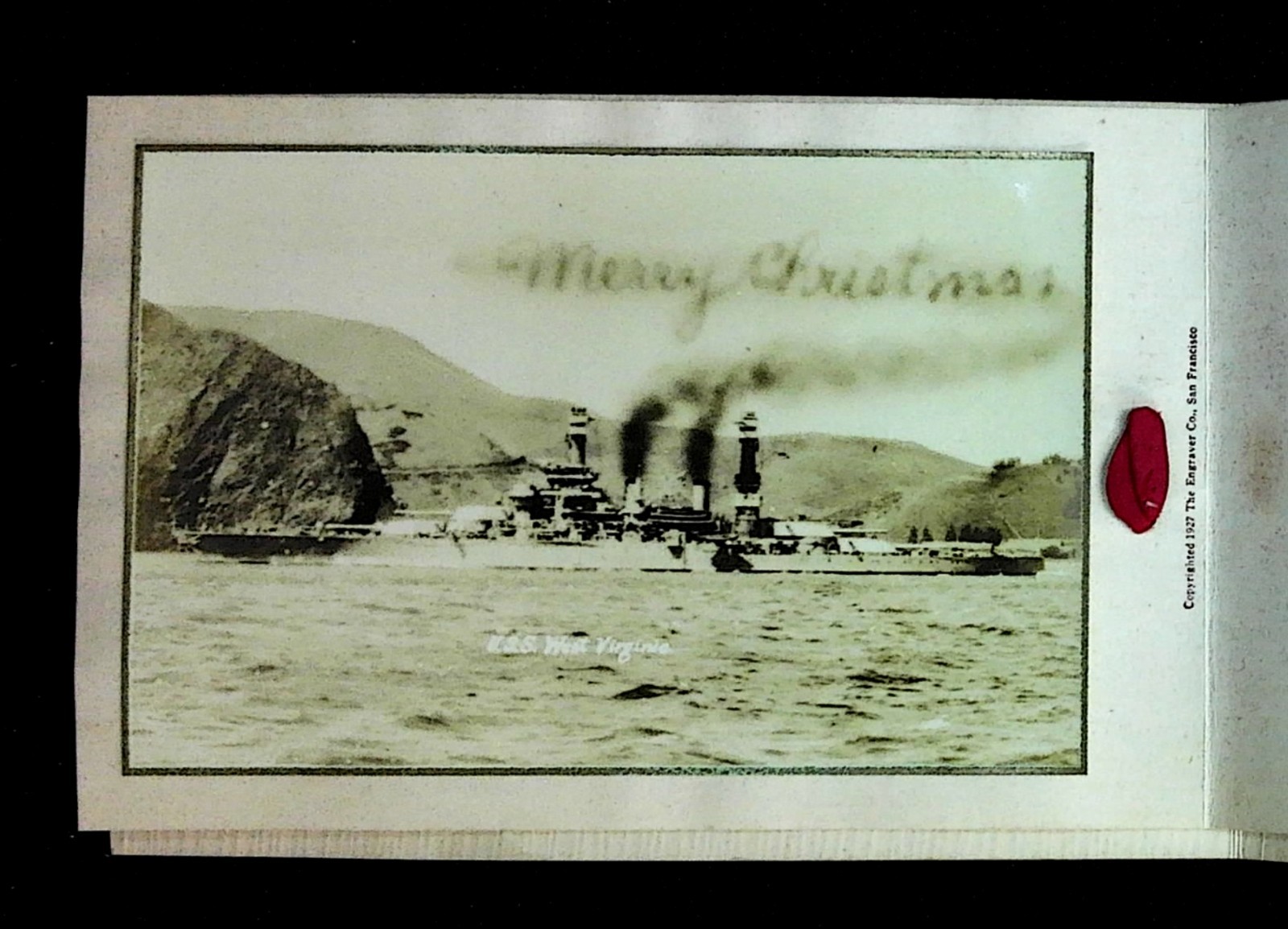 USS West Virginia Merry Christmas Card Sailor Boy Photo Letter Card Brother 1927