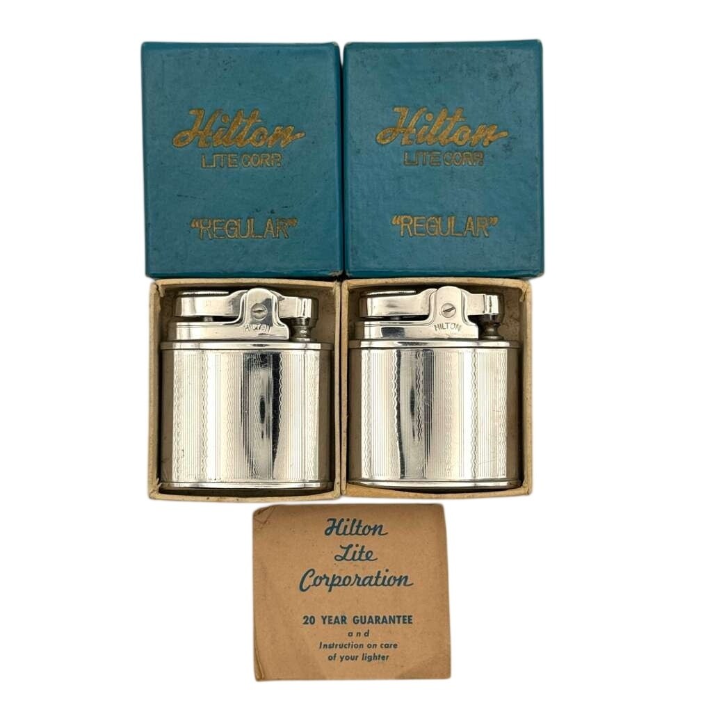Vintage Hilton Lite Corp Regular Pocket Lighters Pair Japan Original Blue Boxes