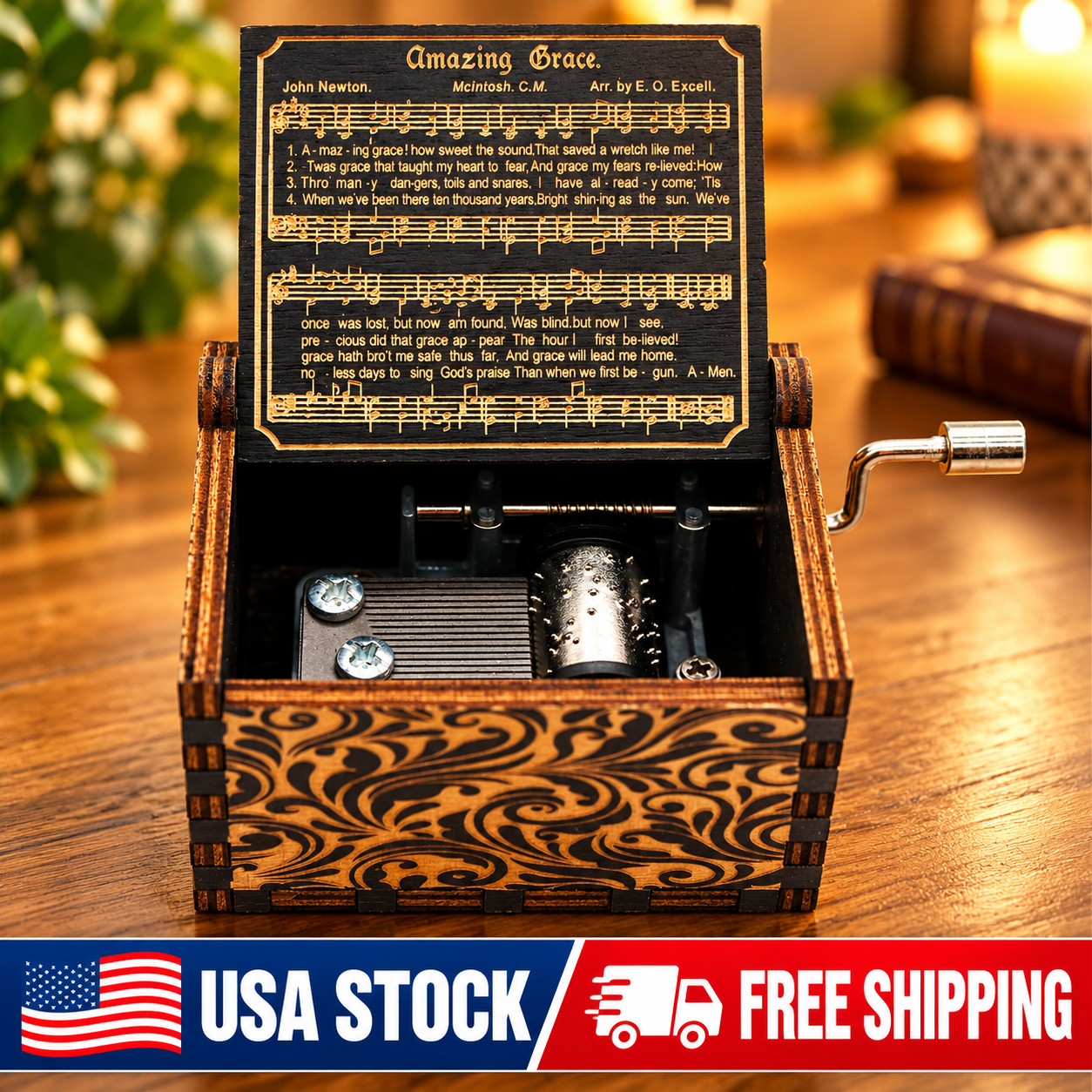 Wooden Amazing Grace Hand Crank Music Box Religious Gift Wooden Amazing Grace Hand Crank Music Box Religious Gift