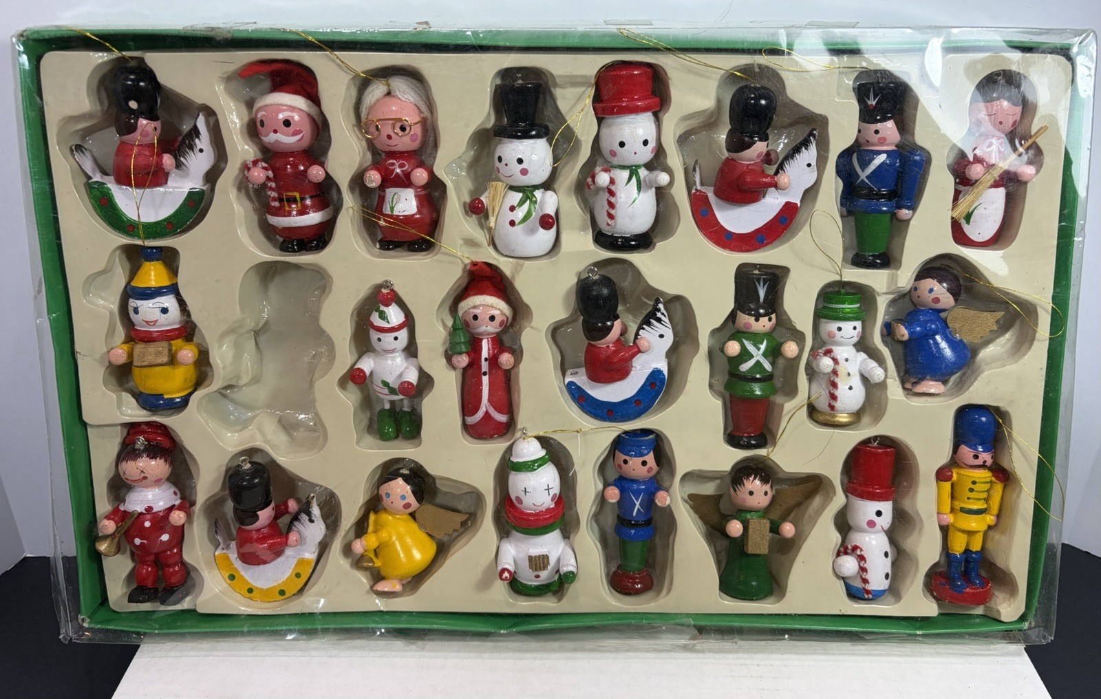 Vintage Commodore Wooden Christmas Ornaments Hand Painted Taiwan Mini Boxed 23pc