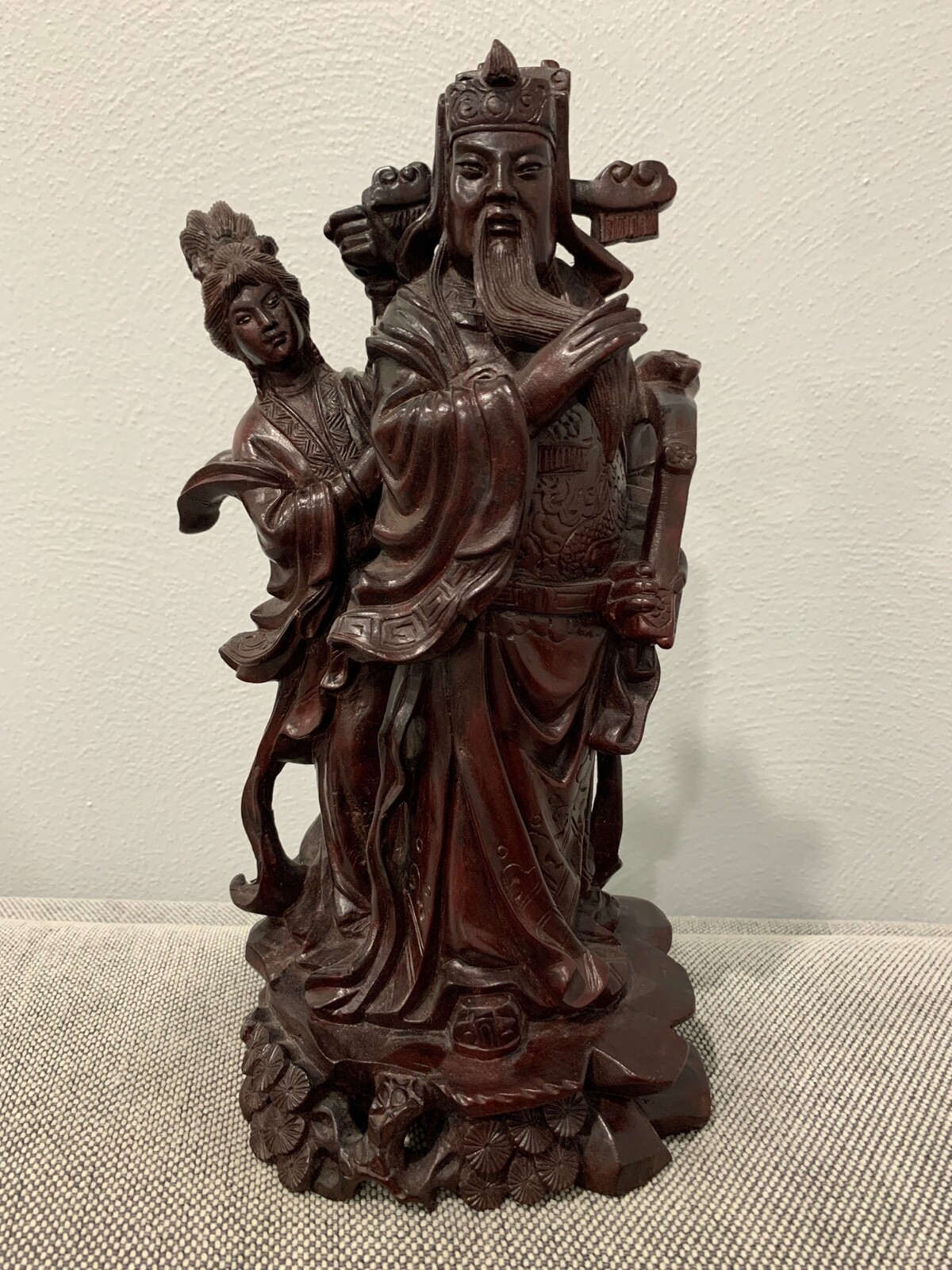Vtg Possibly Antique Chinese Wood Carving Statue Immortal Man w/ Ruyi & Woman