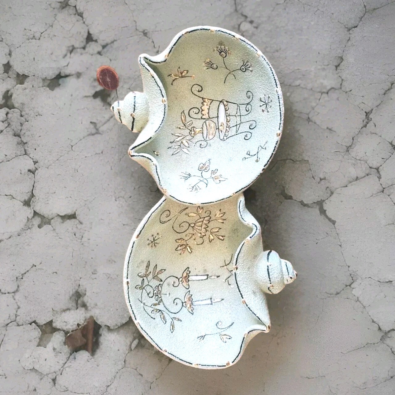 Vtg Ardalt Italy MCM Double Bowl Hand Painted Pottery Whimsy Green Gold Signed Vtg Ardalt Italy MCM Double Bowl Hand Painted Pottery Whimsy Green Gold Signed