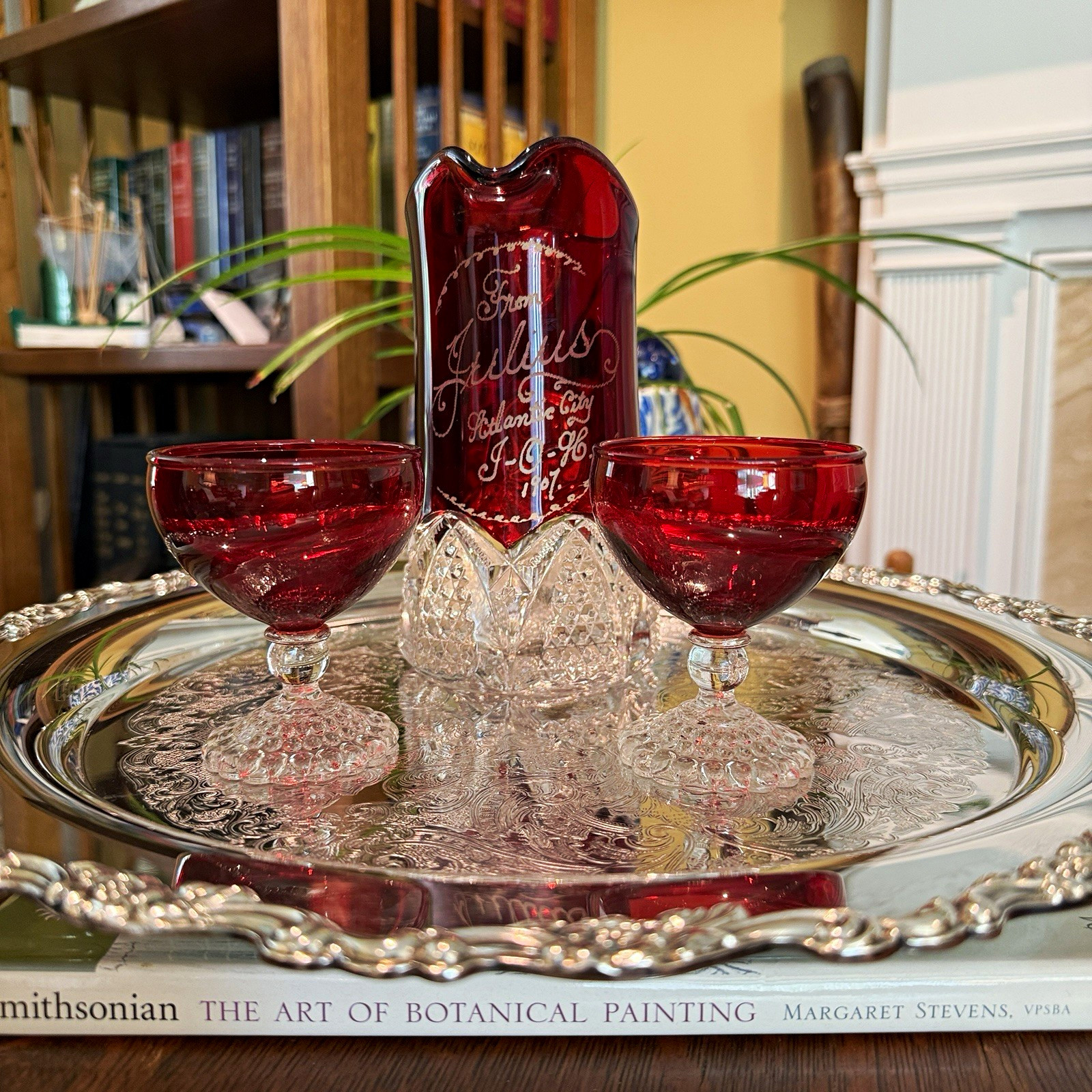 Antique 1907 Ruby Flash Glass 3pc Souvenir Set - Atlantic City IOOF Odd Fellows