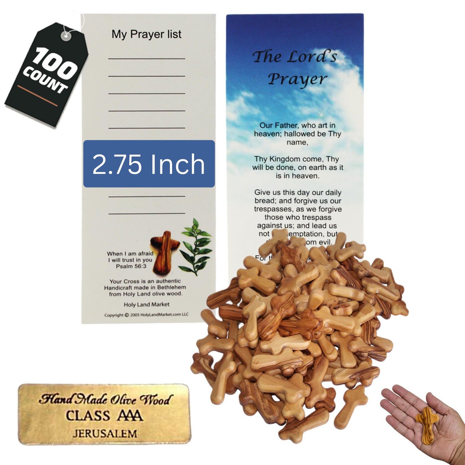 10 Small Olive Wood Pocket Crosses - 2.75 Inches with Certificate from Bethlehem