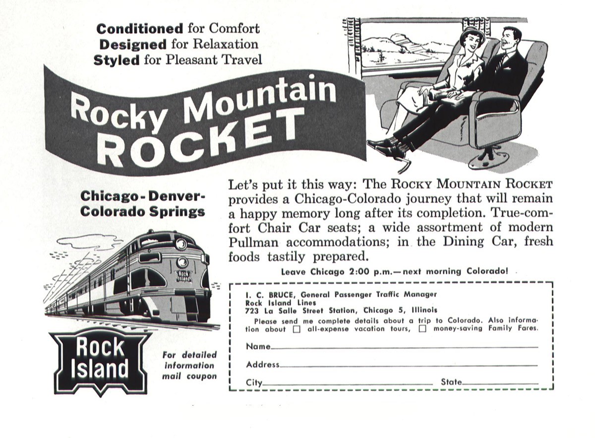 1955 Rock Island: Rocky Mountain Rocket Vintage Print Ad