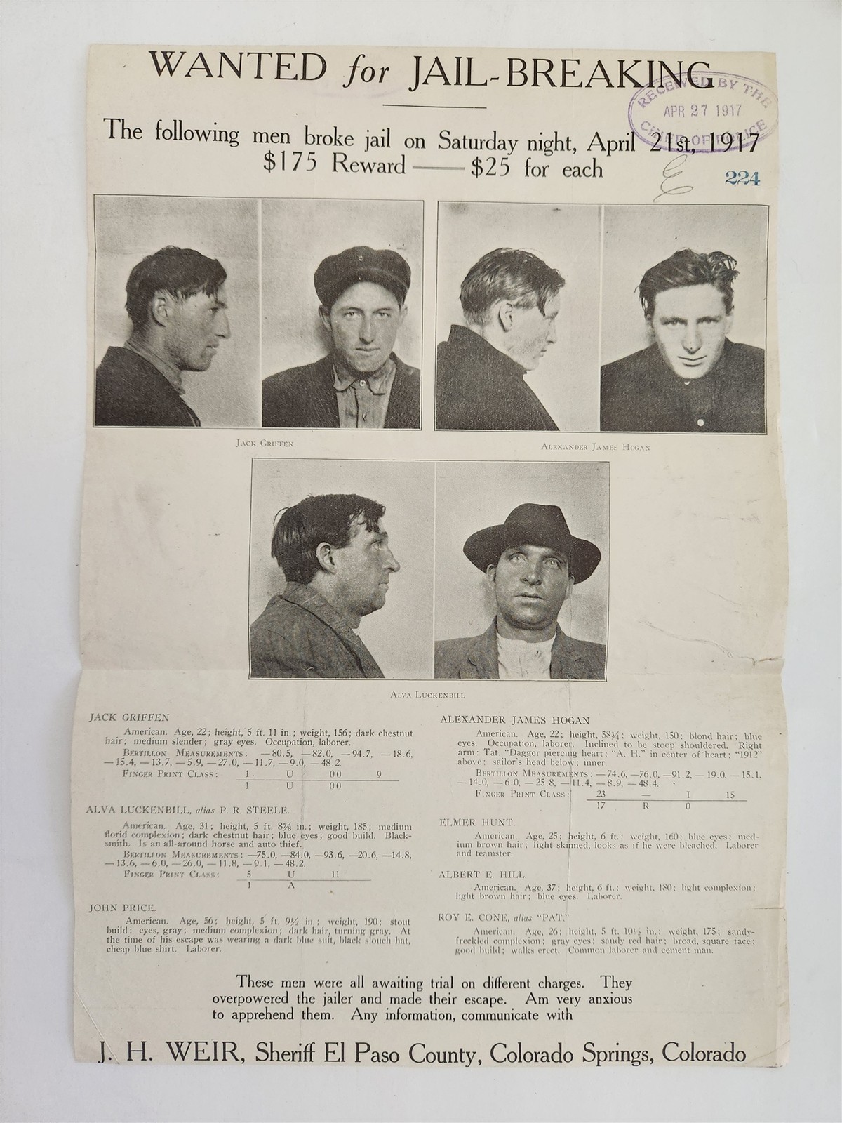 1917 antique CRIME WANTED POSTER PHOTO colorado JACK GRIFFEN AL HOGAN jailbreak