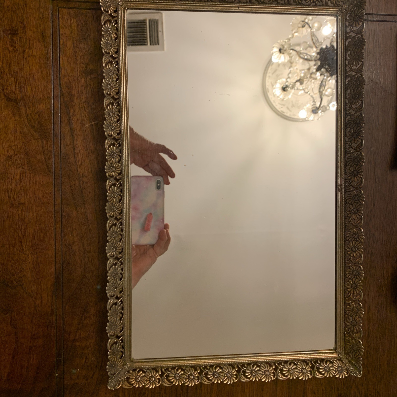 Vintage Gold Metal ornate Rectangular Mirrored Perfume Vanity Tray 11.5”x17.5”