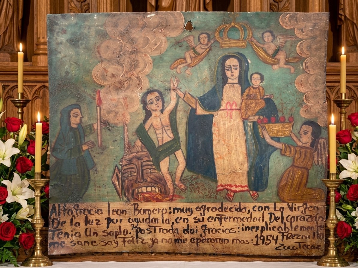 Virgen de la Luz 1954 Mexican Ex Voto Retablo Heart Healed 12 in