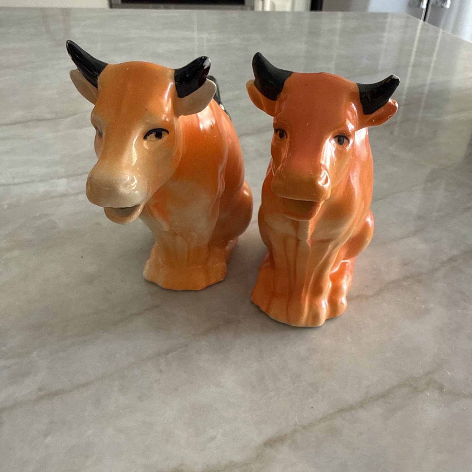Vintage Czechoslovakia Orange Cow Creamers Pair Hand Painted Czech Pottery