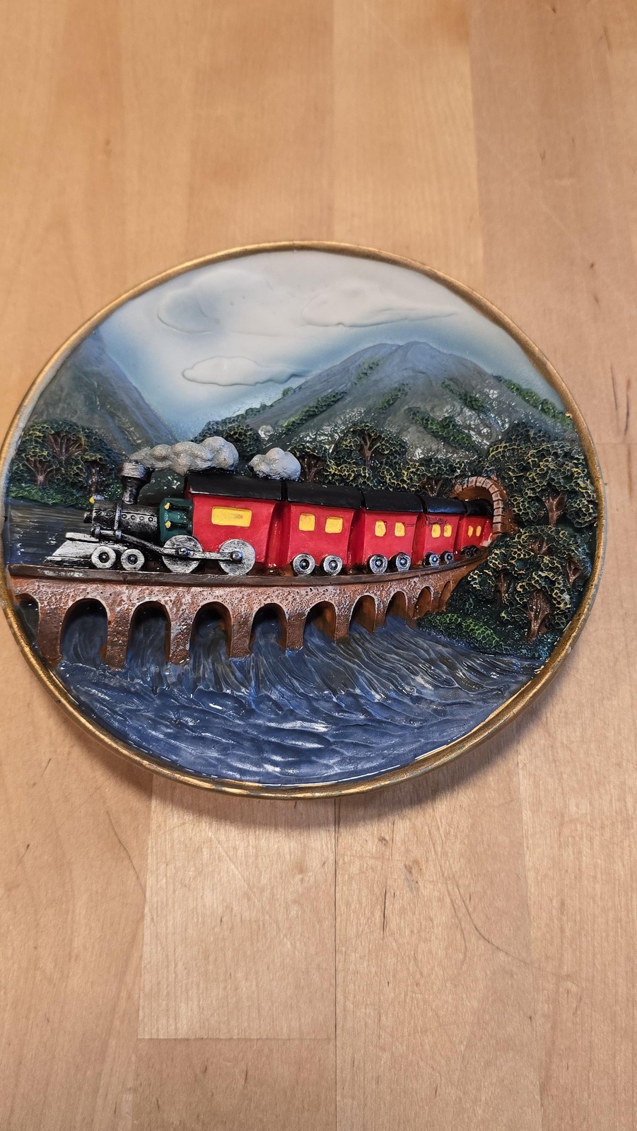 Vintage Cadona 1990 3D Relief Train Wall Plaque Round Mountain Bridge Decor