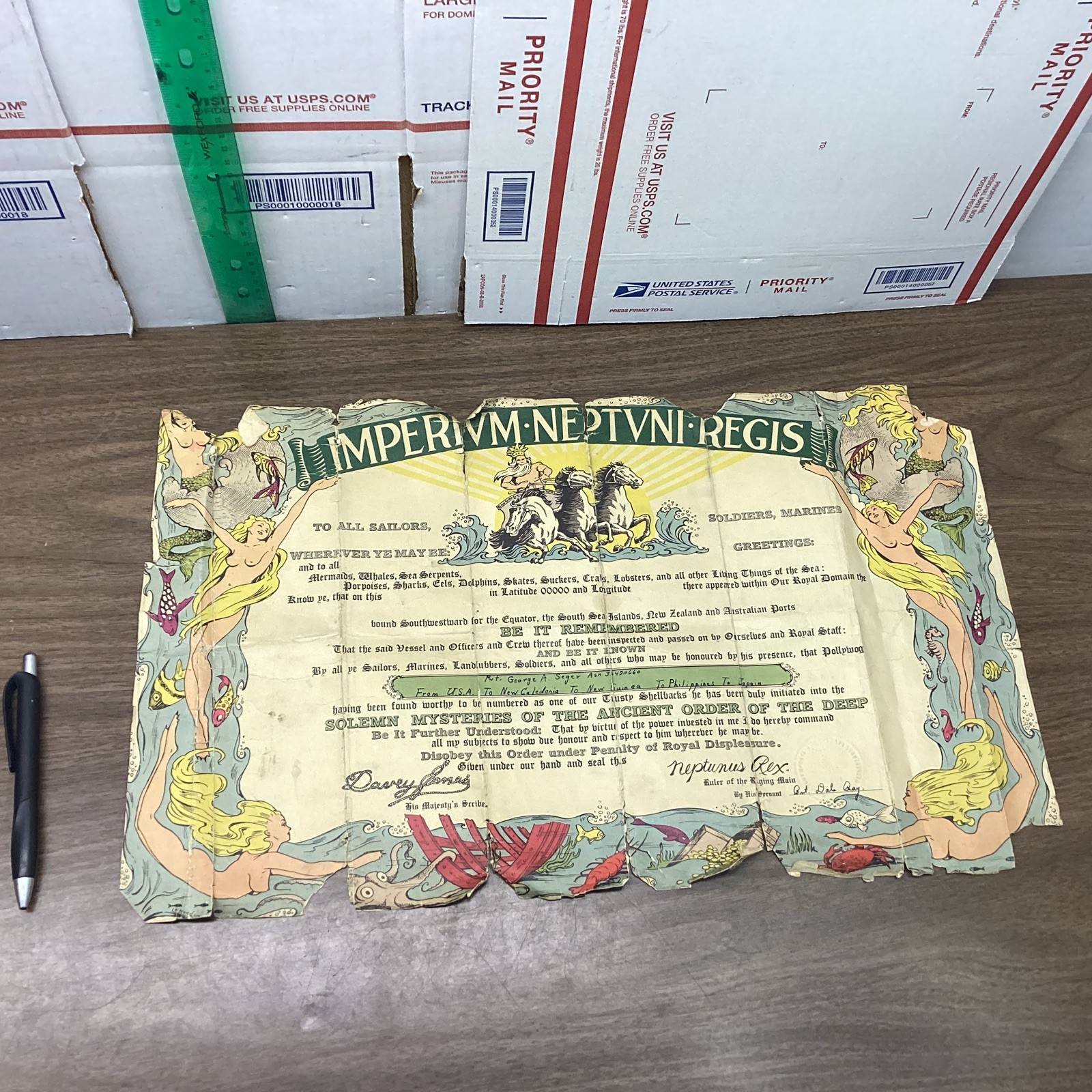 WWII 1944 Shellback Certificate Marine Crossing Equator
