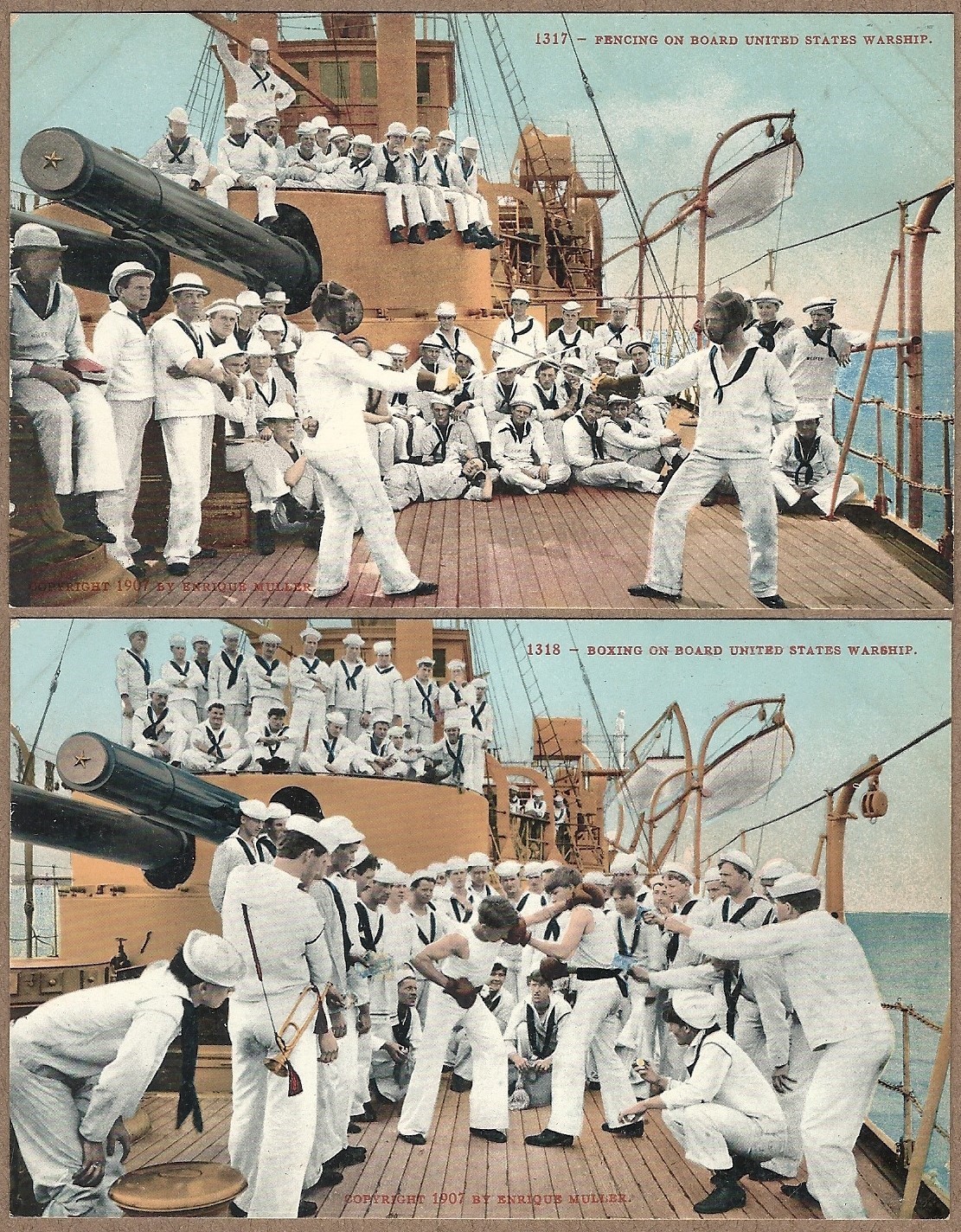 2 Antique Postcards BOXING FENCING UNITED STATES WARSHIP Mitchell 1317 Unposted
