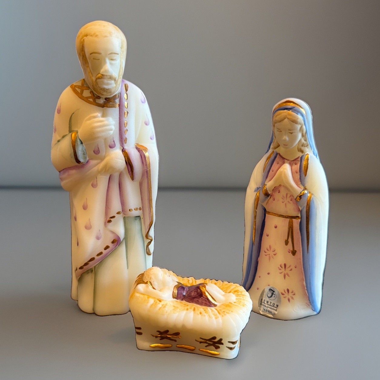 Fenton Nativity Holy Family Set 5280 NF Satin Glass Signed 95th Anniv 3 Piece